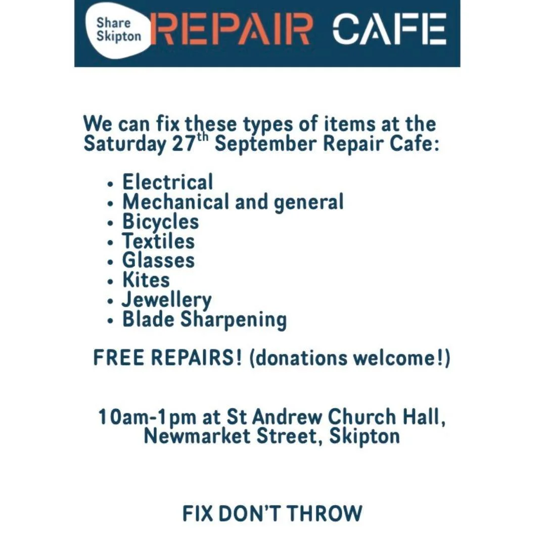 Share Skipton's Repair Caf&eacute; is back this Saturday! 🛠

Bring your broken bits and bobs down to St Andrew&rsquo;s Church Hall, tomorrow, 10am&ndash;1pm, (Saturday 27th September).

Here&rsquo;s what&rsquo;s on offer this month:
🔪 Blade Sharpen