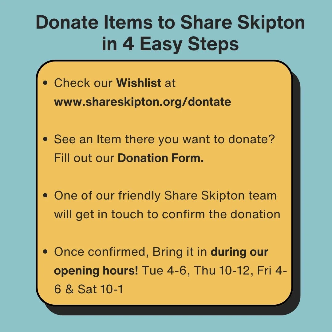Got something you don&rsquo;t use anymore but that's still in good shape? 🎁 Why not give it a new home in the local community through Share Skipton?

👉Head to www.shareskipton.org/donate to check out our Wishlist and complete our simple donation fo