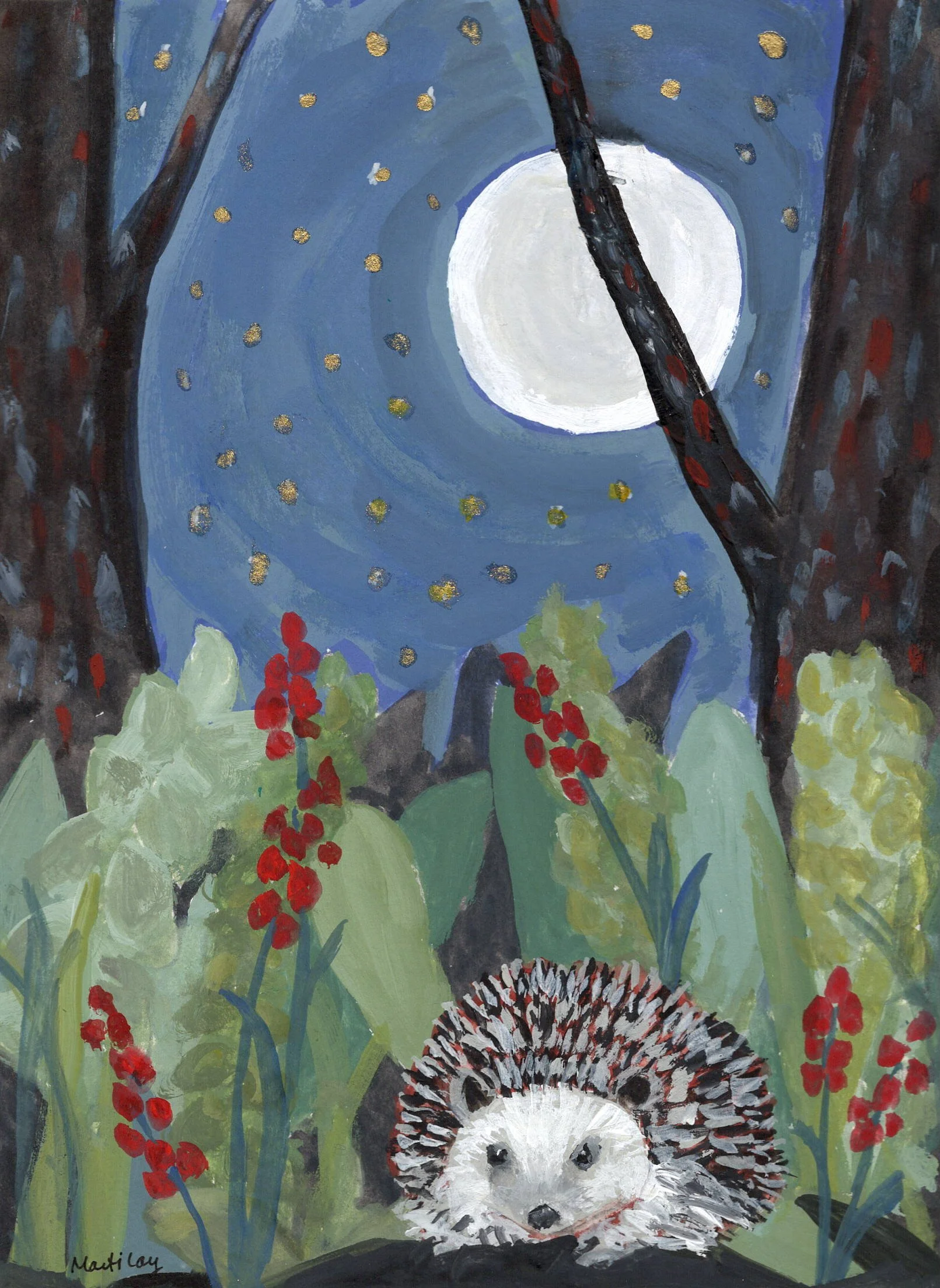 gouache original painting of hedgehog art for children
