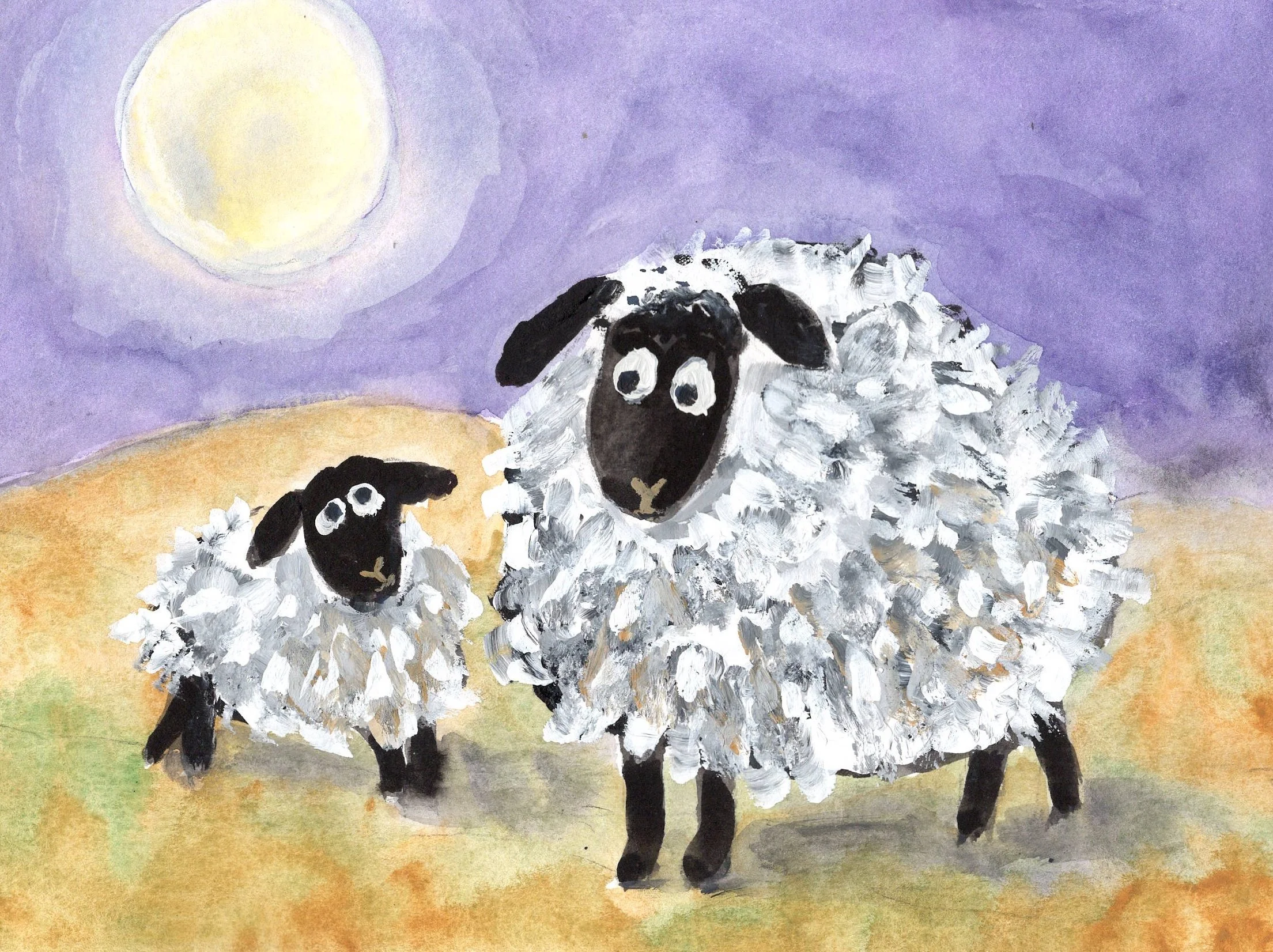 mother sheep and baby lamb, whimsical, humorous original painting