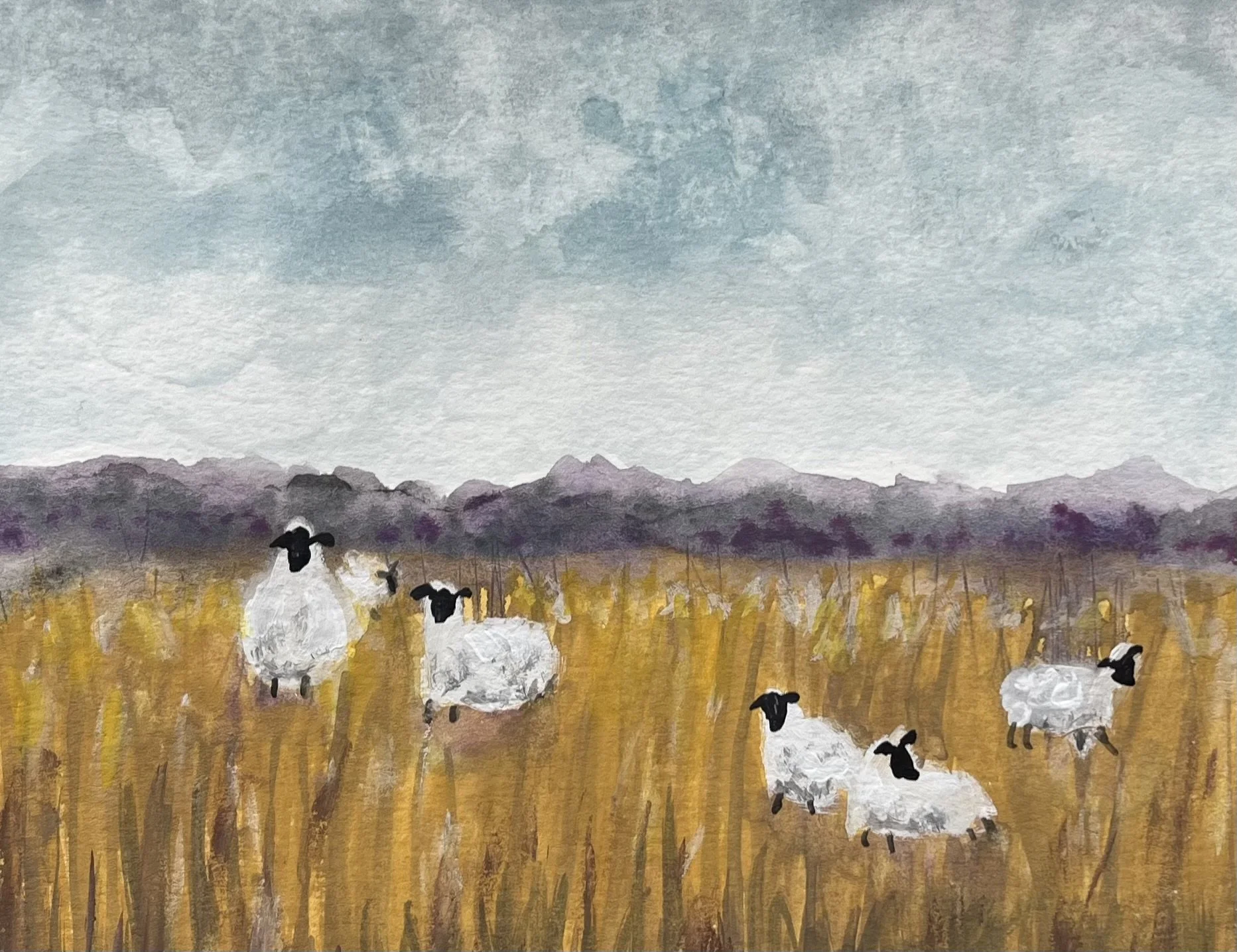 sheep in golden field watercolor and gouache original painting