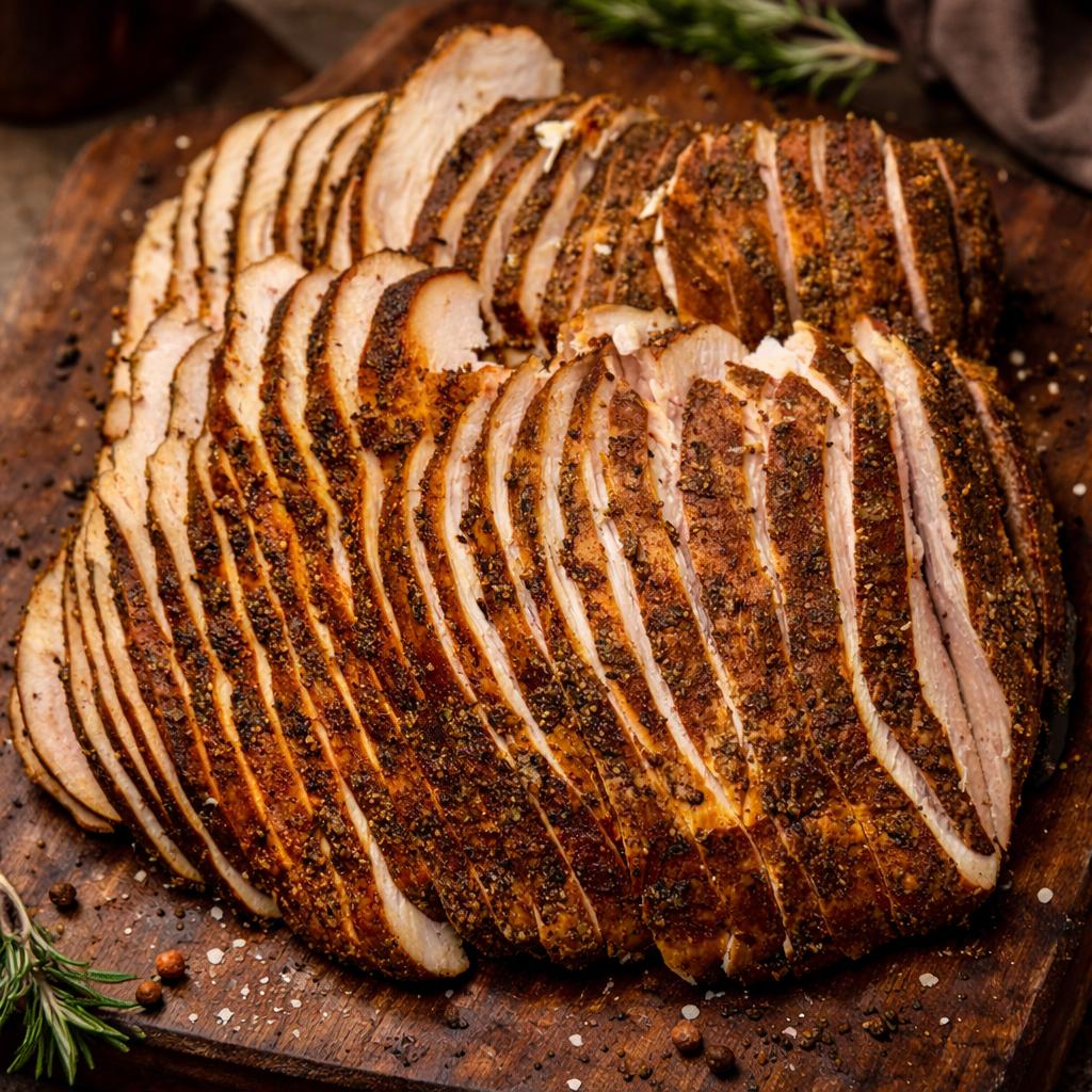 emerald coast food Sliced seasoned smoked turkey breast on a wooden cutting board garnished with herbs and spices.