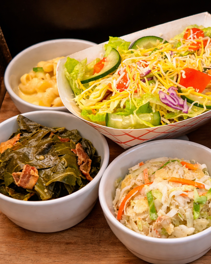 A variety of homemade side dishes including a bowl of macaroni and cheese, a bowl of collared greens with bacon, a bowl of pineapple coleslaw, and a basket of vegetarian  garden salad with lettuce, cucumber, tomato, and shredded cheese.