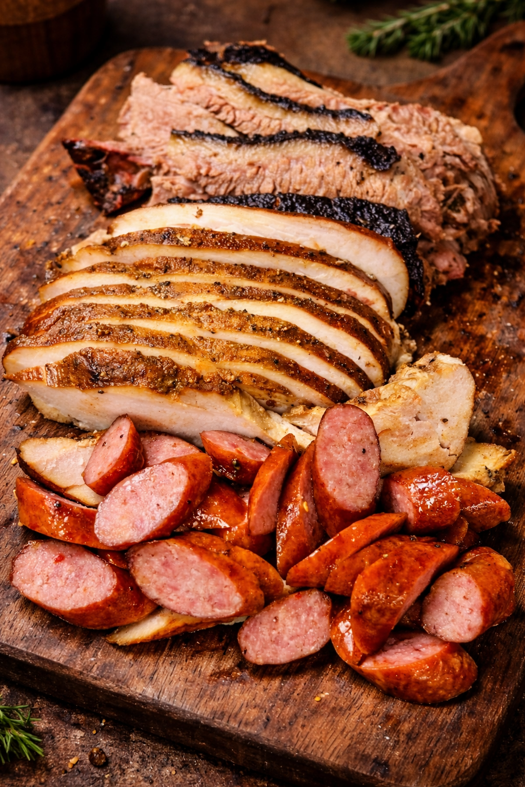 Assorted smoked award winning meats sliced on a wooden cutting board, including sausage, juicy  turkey, and beef brisket.