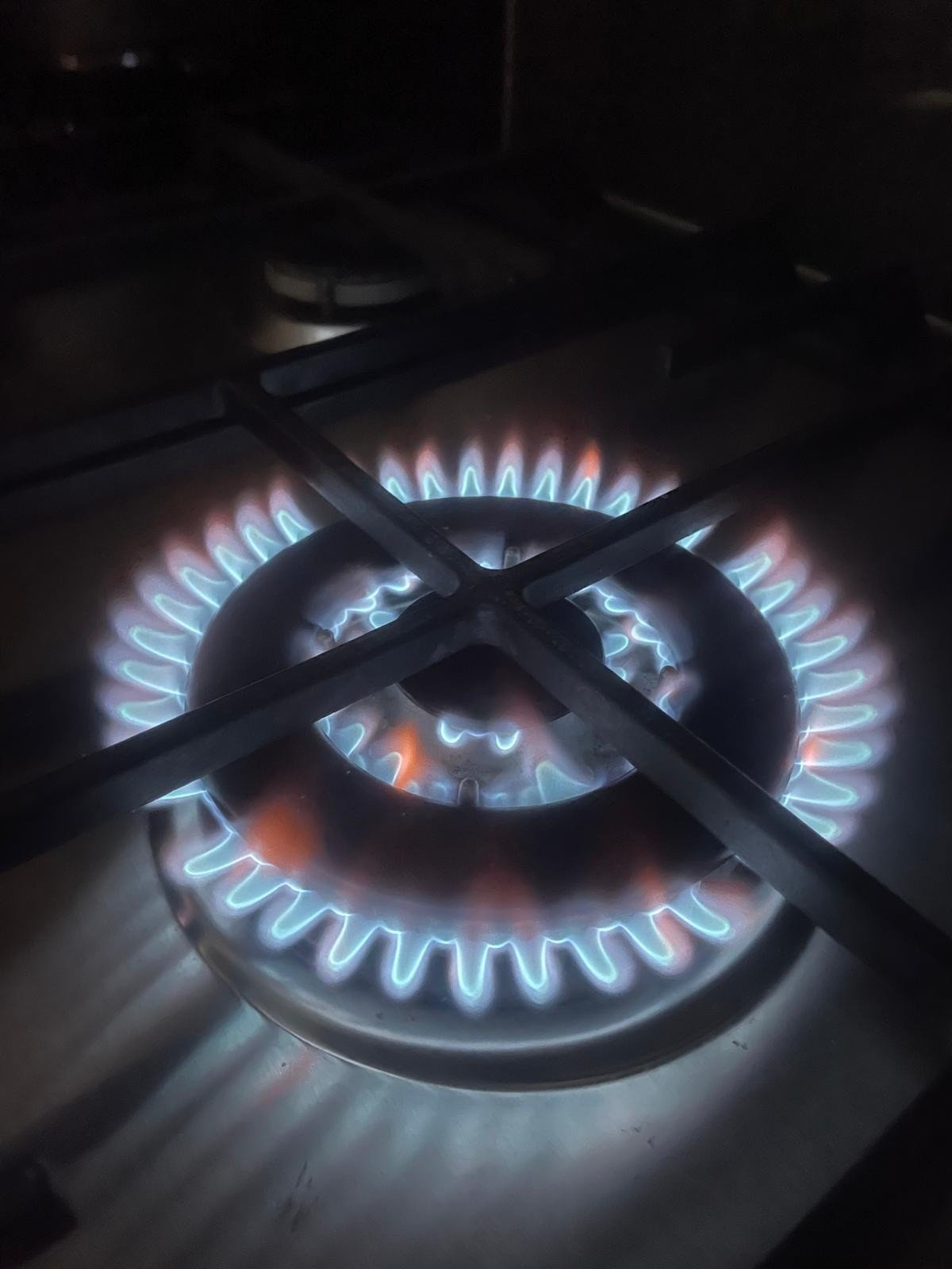 Close-up of a lit gas stove burner with blue flames in a dark environment.