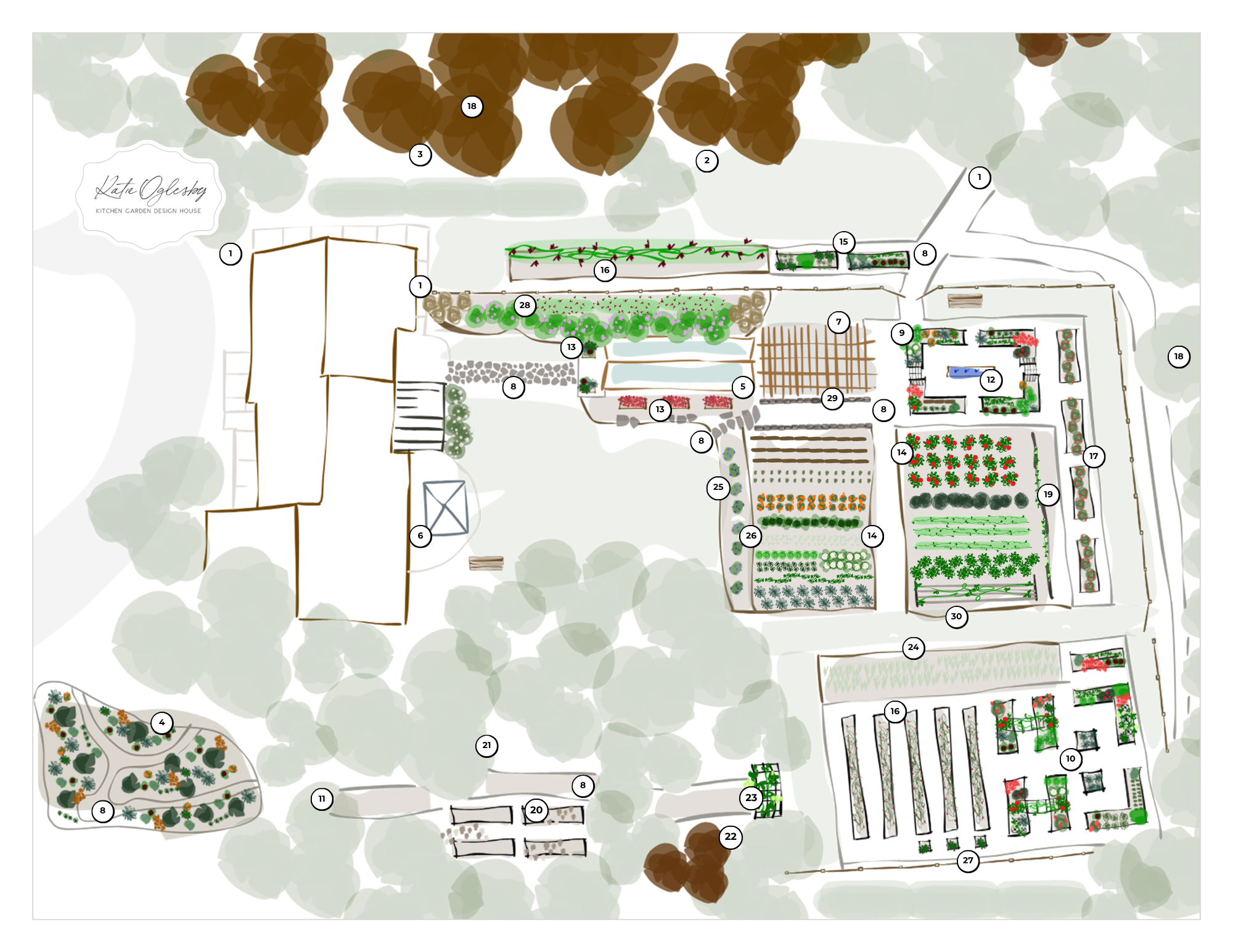 Illustrated overhead property map of The Edible Acre, Katie Oglesby's one-acre edible landscape in southern Wisconsin, showing kitchen gardens, raised beds, greenhouse, pergola, fruit plantings, and meadow-style orchard.