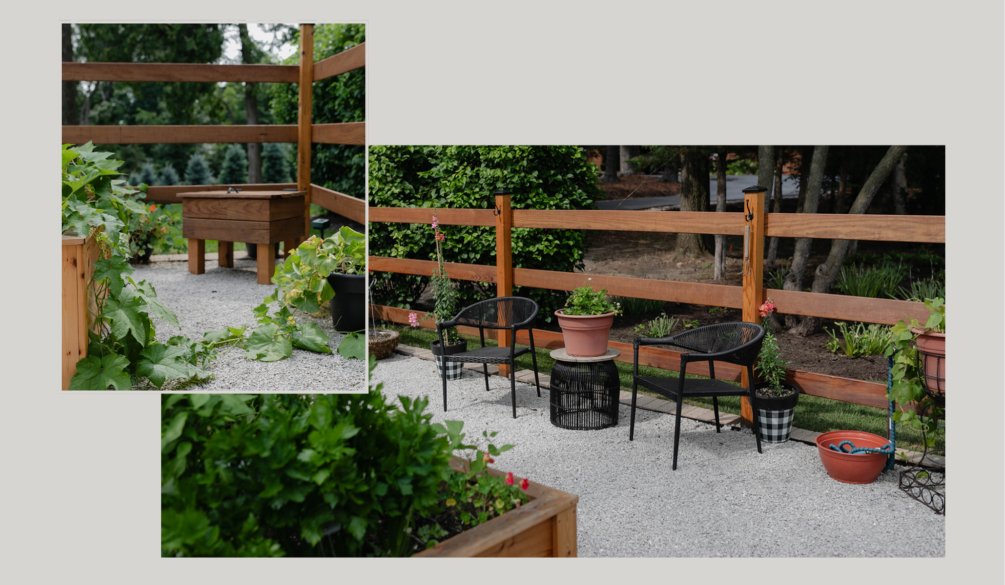 Built-in garden wash station and sitting area inside The Hawks Garden, surrounded by cedar fencing, white gravel, and growing plants.