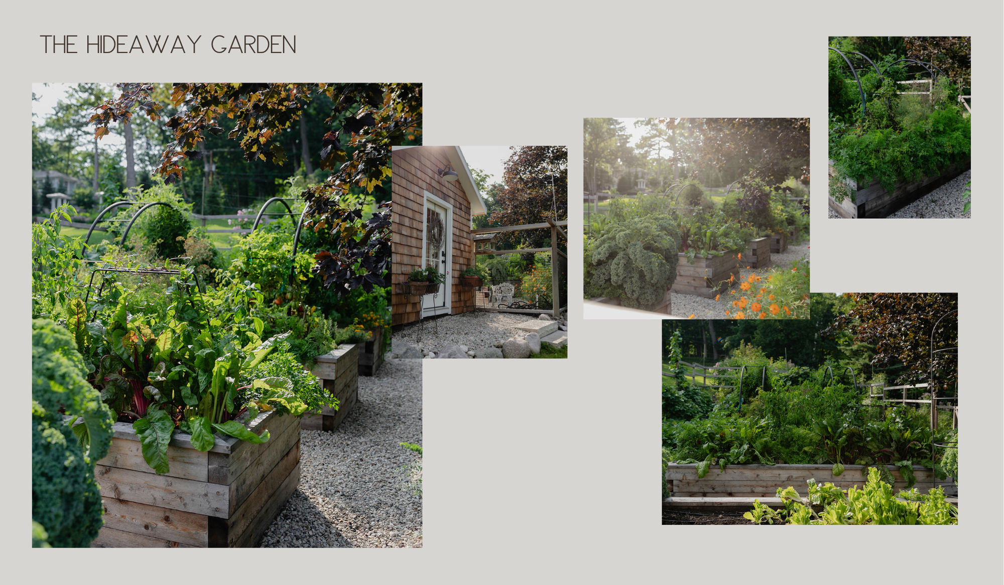 The Hideaway Garden collage featuring abundant cedar raised beds, custom trellises, the garden shed, and surrounding landscape.