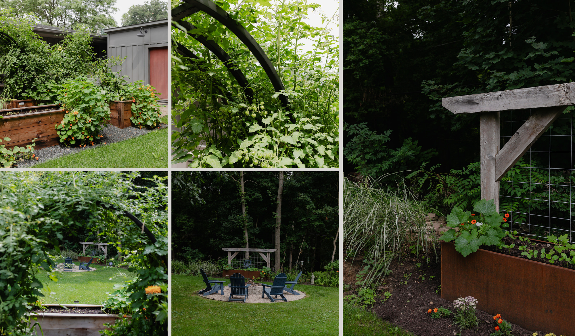 Custom cedar raised bed kitchen garden beside a gray home in Lake Geneva, Wisconsin.