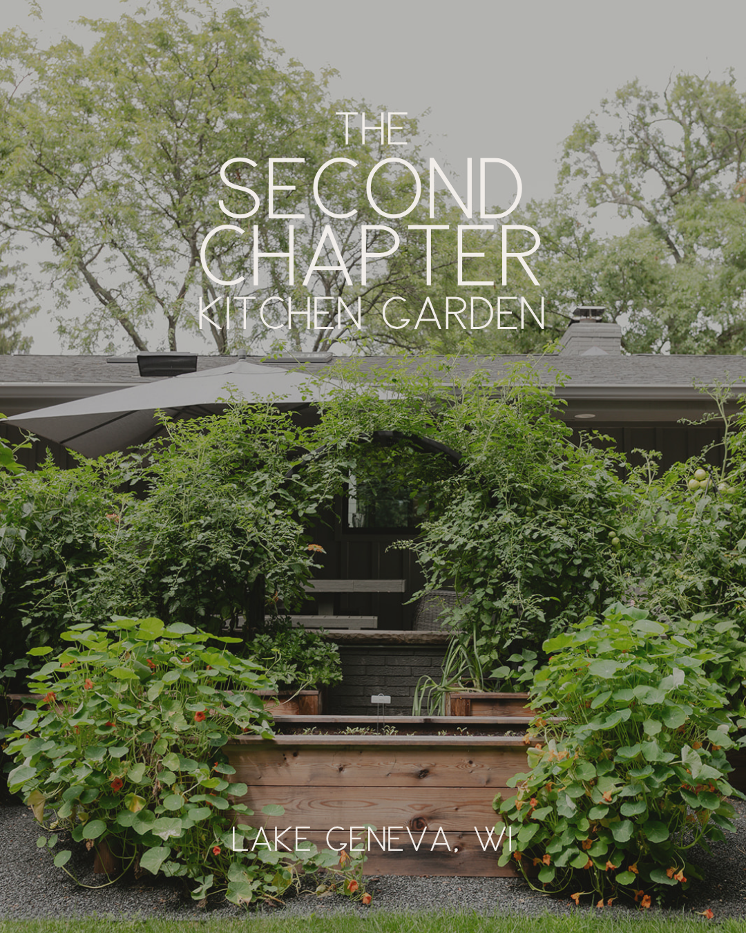 The Second Chapter Kitchen Garden in Lake Geneva, Wisconsin, with abundant cedar raised beds, climbing vegetables, and a custom arch trellis.