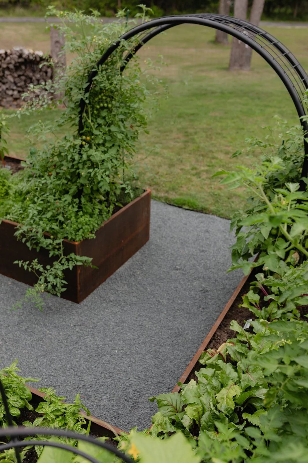 View through a black arch trellis into the Archway Garden, showing the winding gray granite pathway between corten steel raised beds.