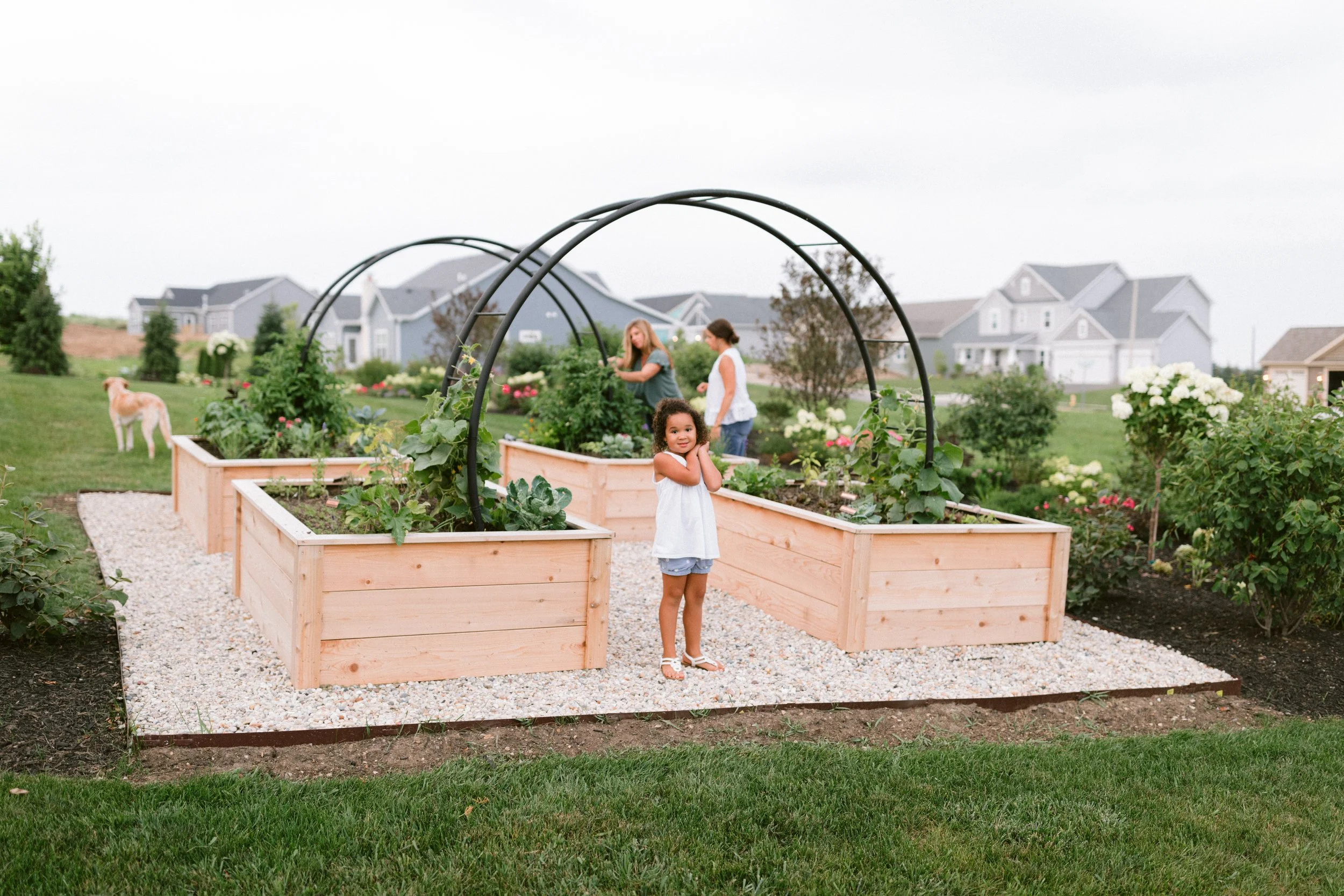Young girl standing beneath the double arch trellises in The Legacy Garden, surrounded by cedar raised beds while family members tend the garden behind her.
