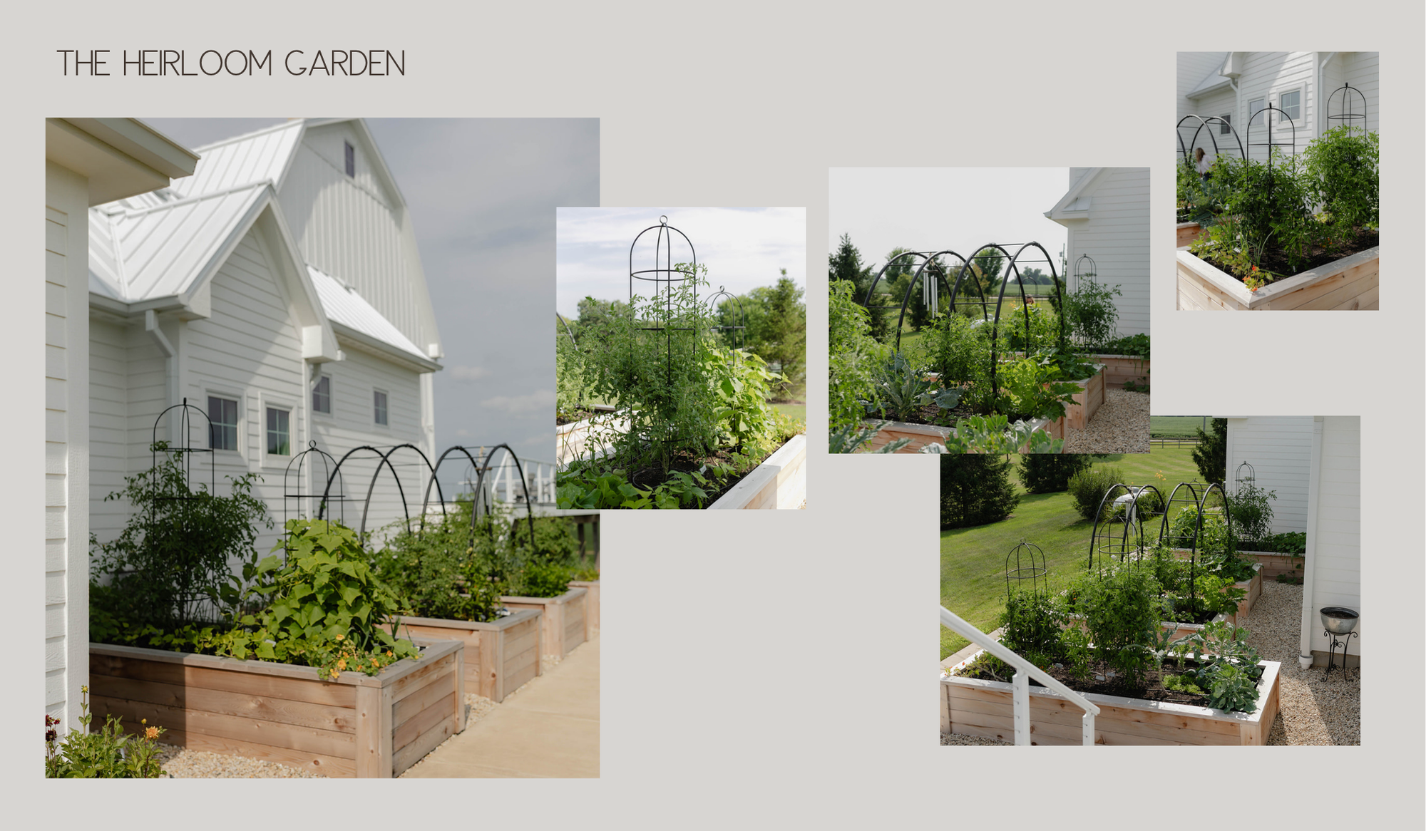 The Heirloom Garden collage featuring cedar raised beds, custom black trellises, abundant vegetables, and the restored family farmhouse in Harvard, Illinois.