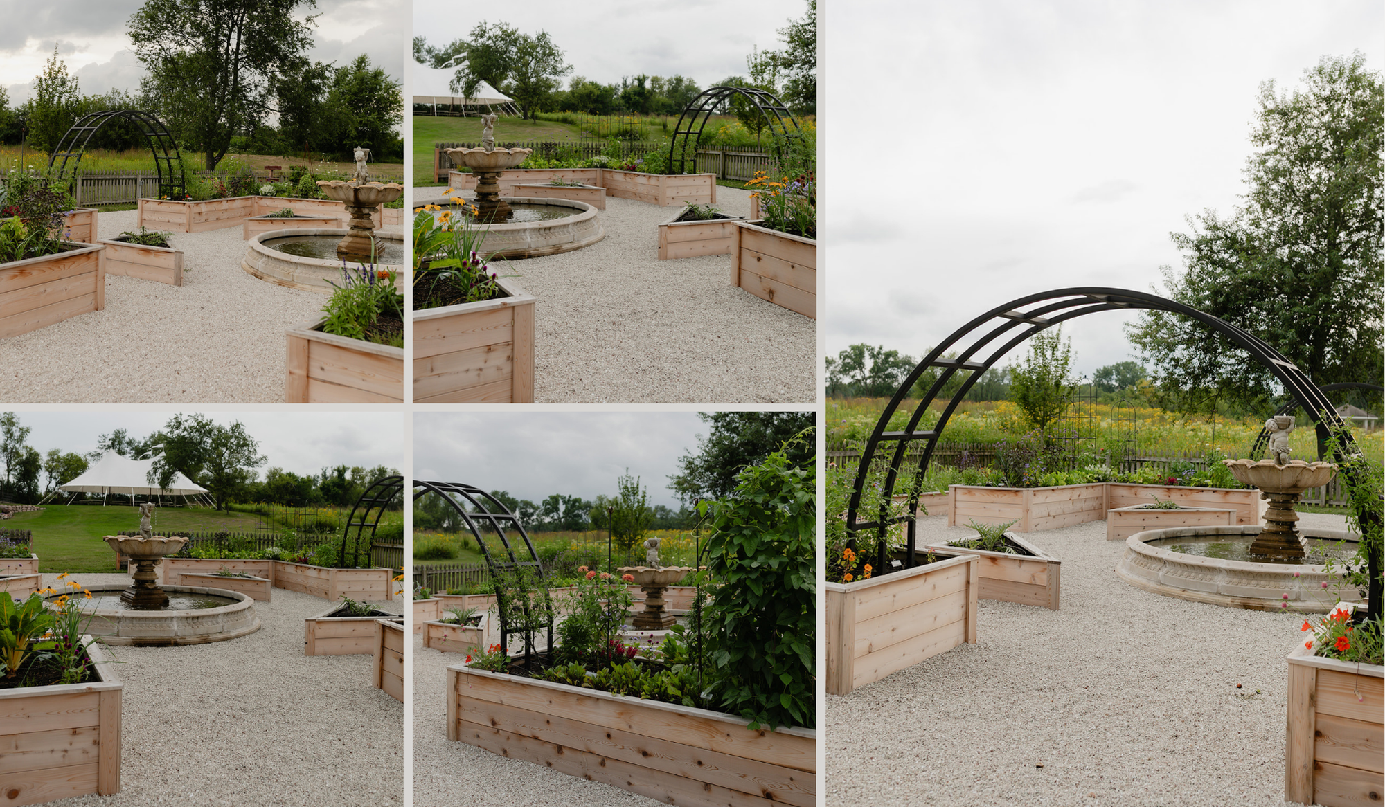 Collage of the LaRocque Farms potager featuring cedar raised beds, a central fountain, custom black arch trellises, flowers, and gravel pathways.