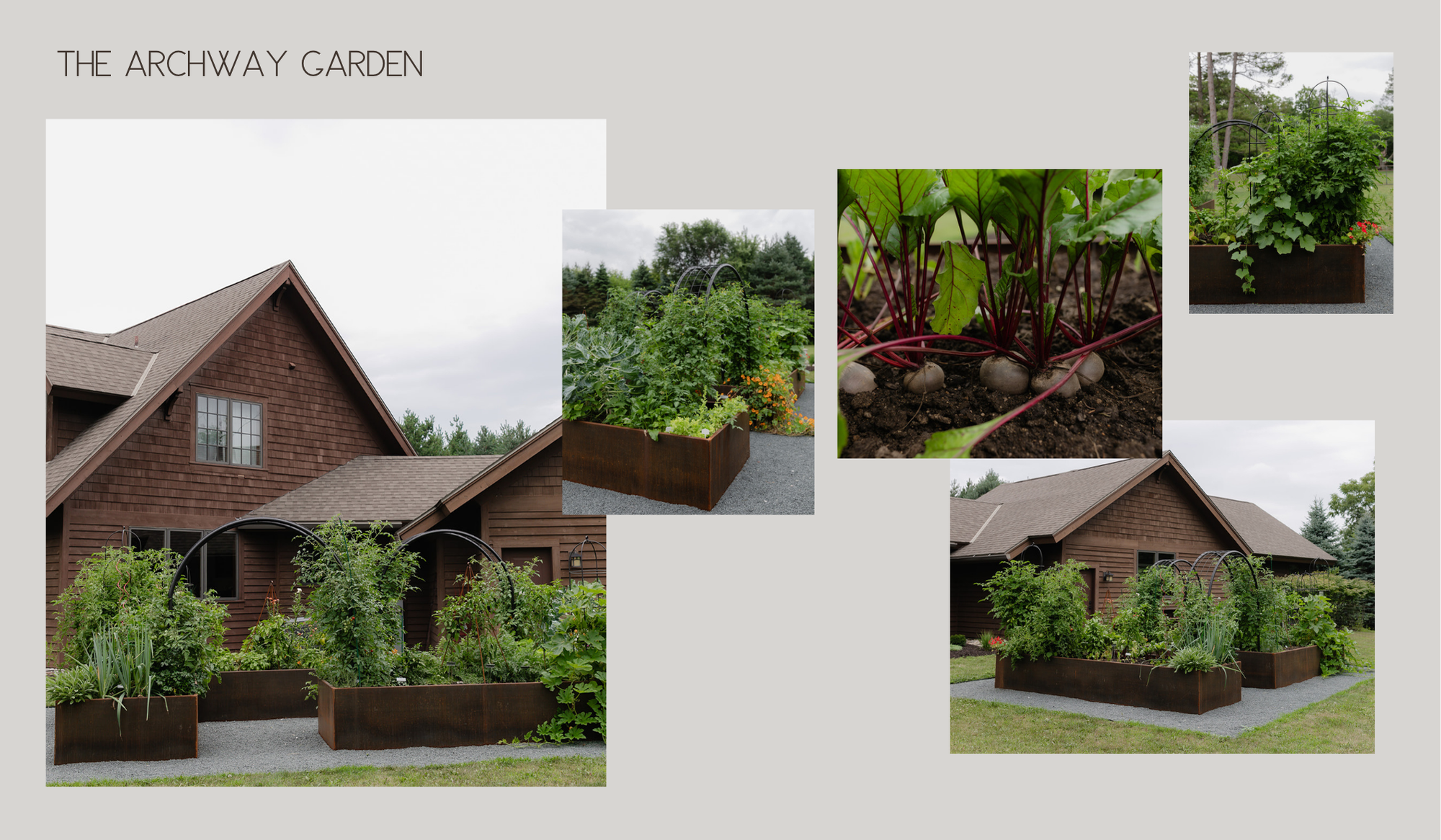 archway Garden design collage featuring corten steel raised beds, vegetables, trellises, and the surrounding Wisconsin home.