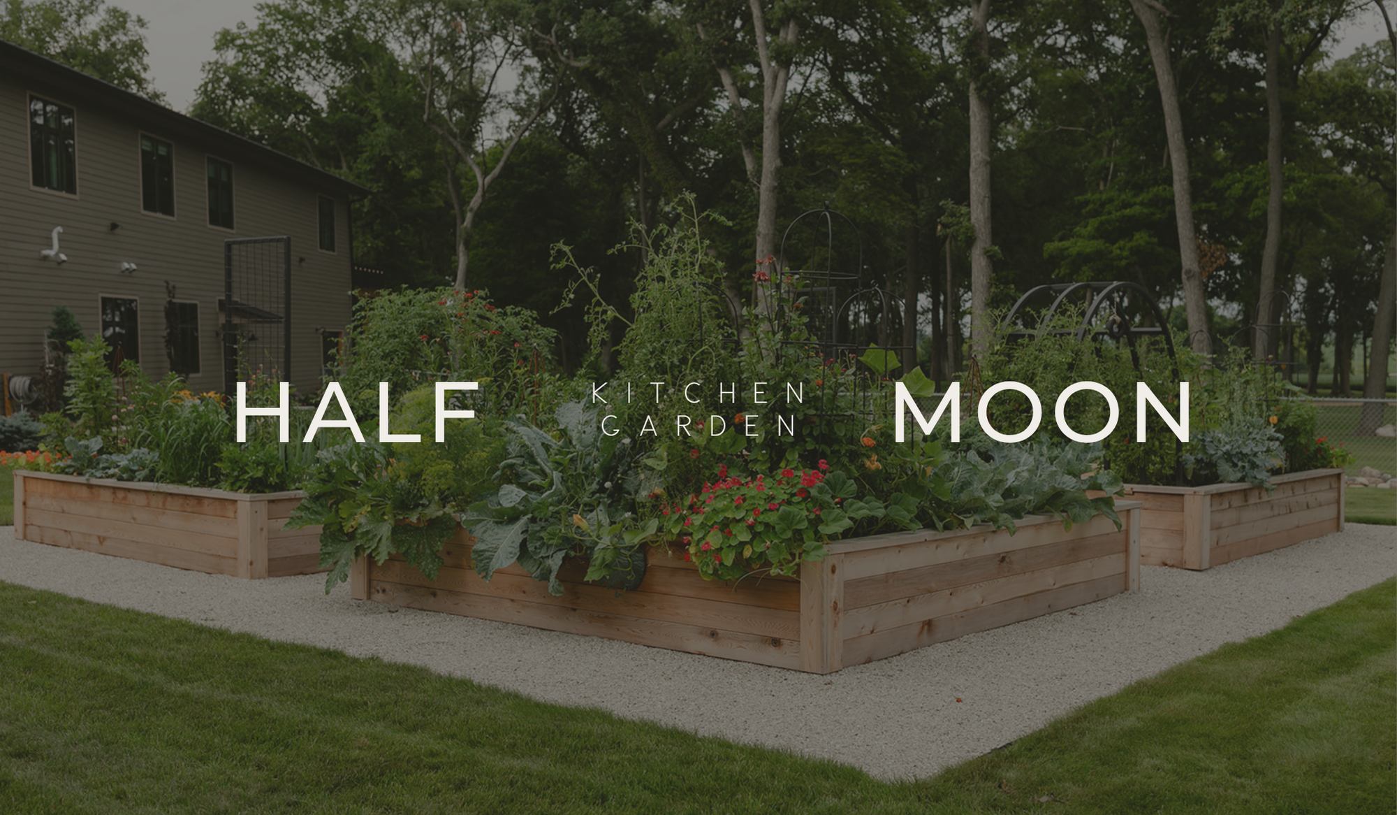 Cedar raised bed kitchen garden with custom made trellis on white limestone chip.