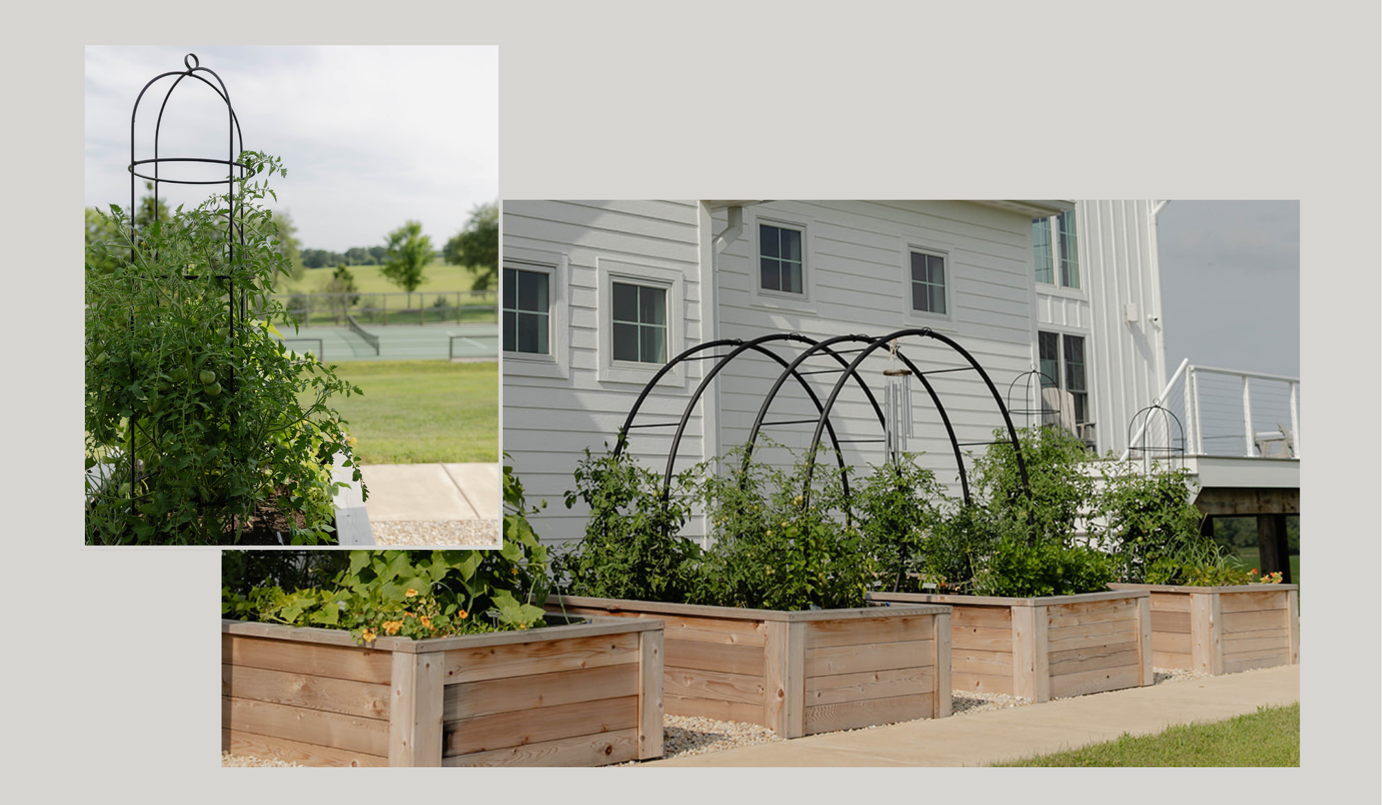 Heirloom Garden collage featuring four cedar raised beds, custom double arch and obelisk trellises, and a productive kitchen garden beside the farmhouse.