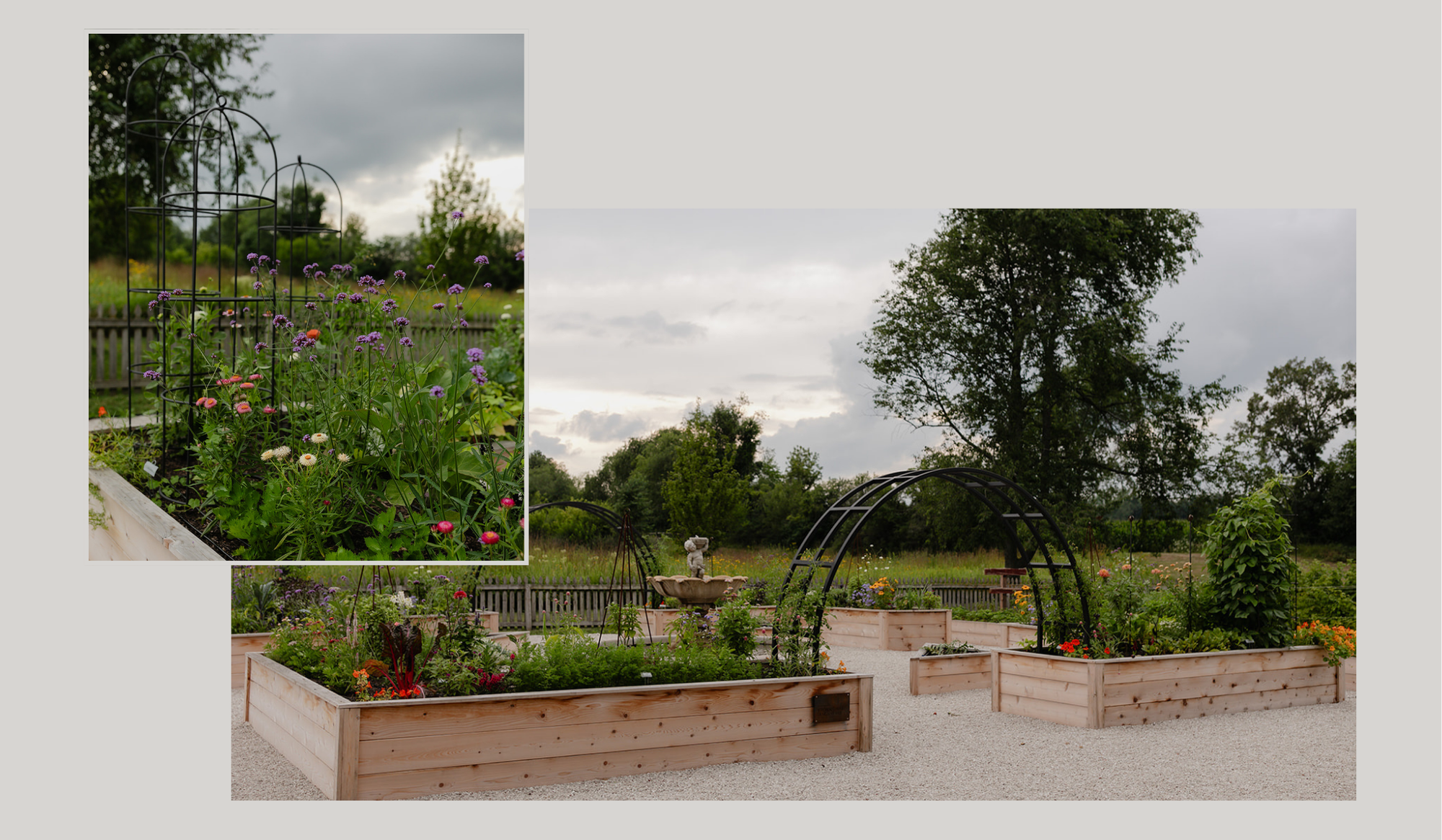 LaRocque Farms kitchen garden collage featuring abundant edible flowers, cedar raised beds, custom trellises, and the central fountain.