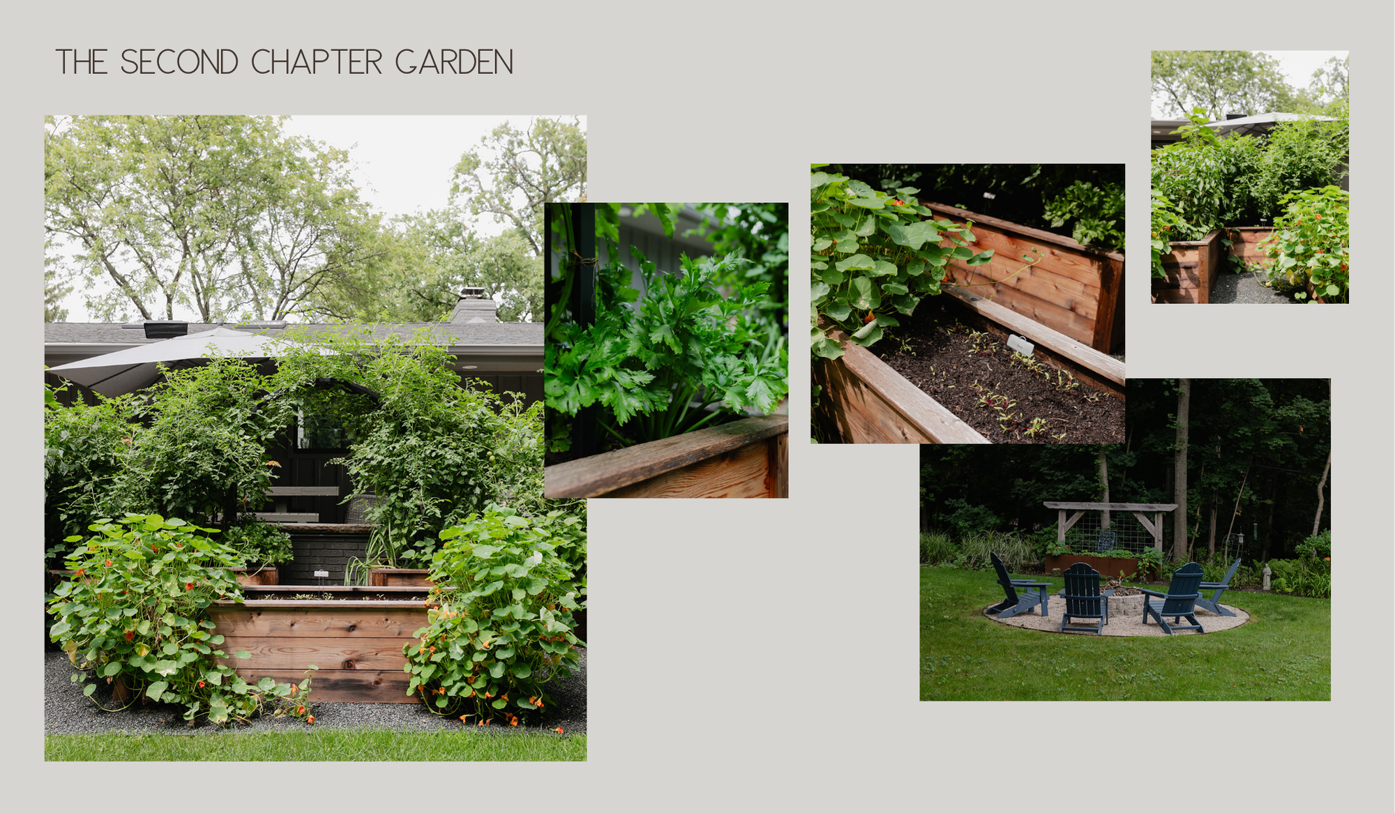 Custom cedar raised bed kitchen garden beside a gray home in Lake Geneva, Wisconsin.