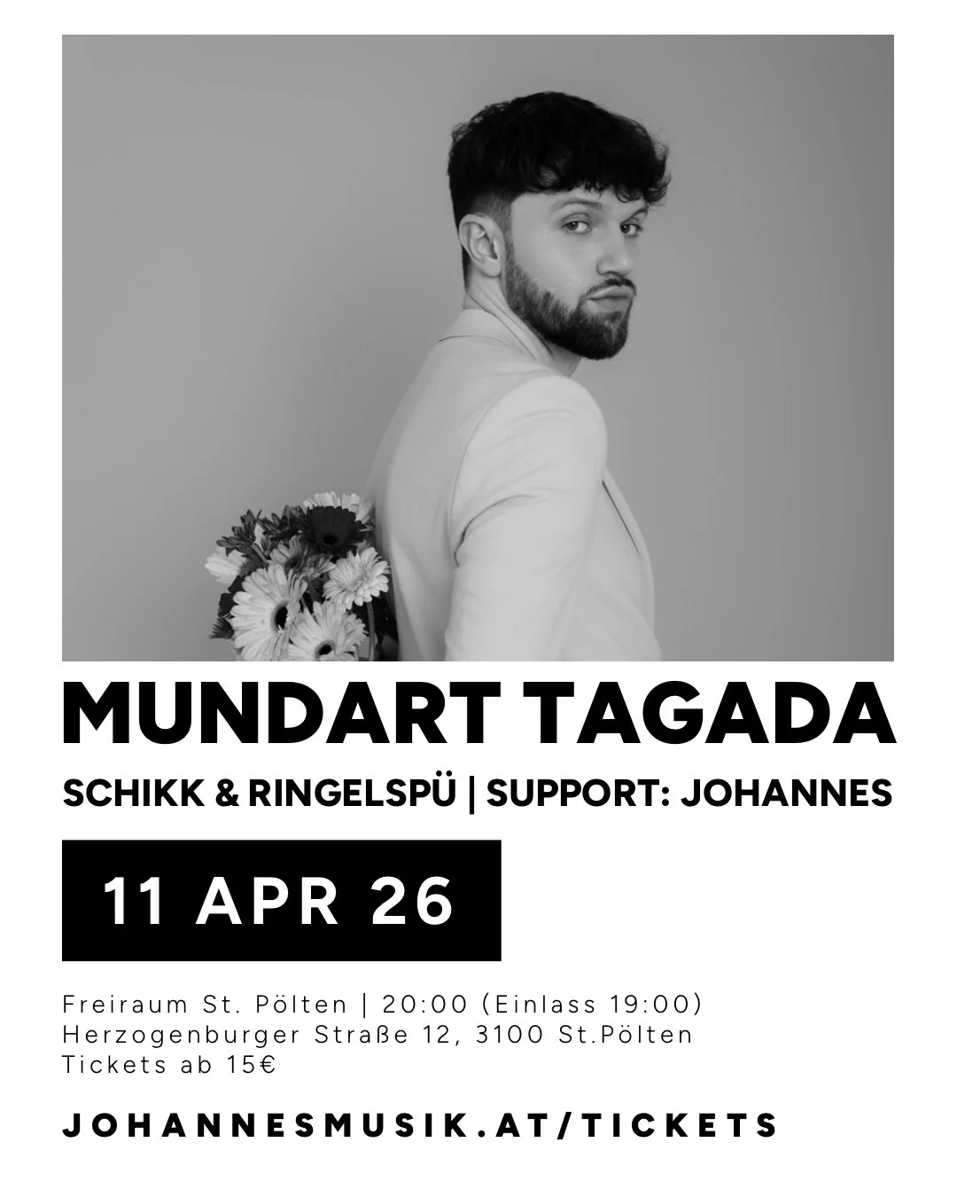 Am Samstag gibt es mal wieder eine Premiere: Ich spiele das erste Mal mit "Johannes" im @freiraum_stp beim "Mundart Tagada" als Support-Act von @ringelspue und @schikk.official und freue mich sehr, den Abend f&uuml;r zwei so tolle