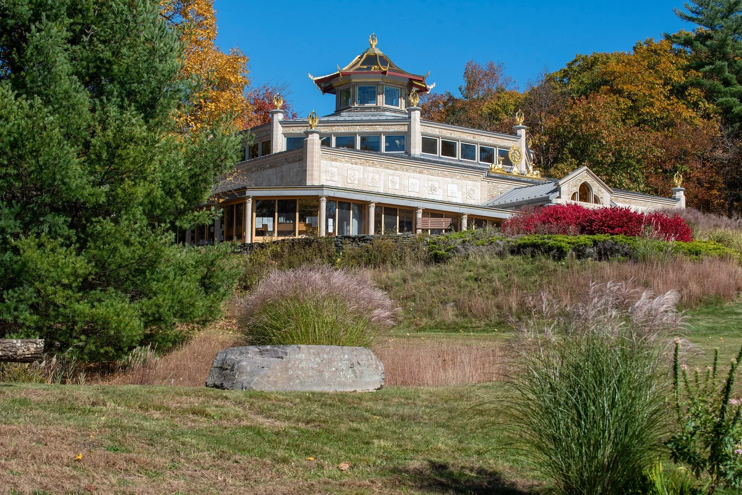 The World Peace Temple surrounded by autumn foliage