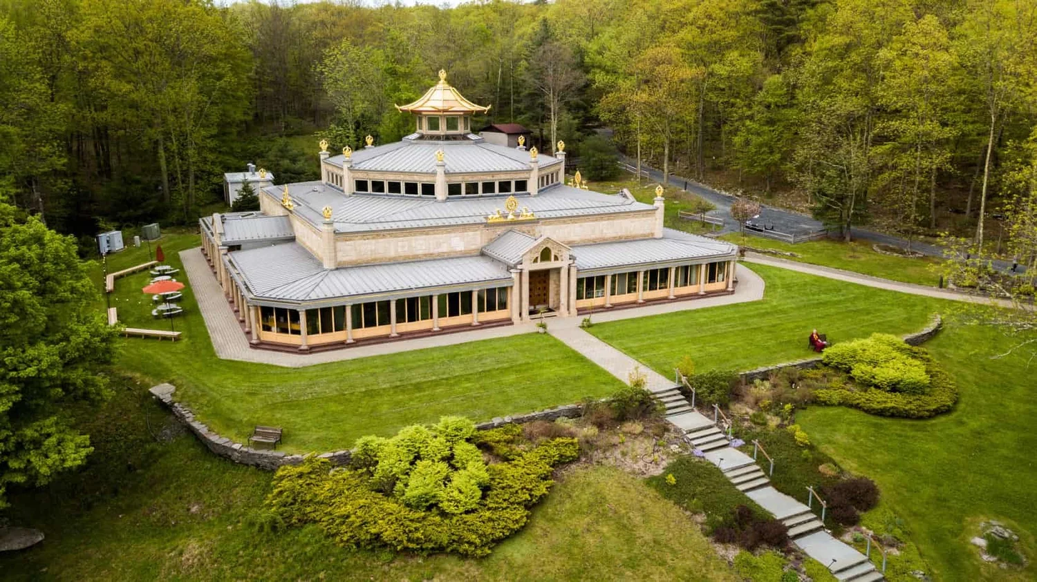 Aerial view of the World Peace Temple and grounds in summer