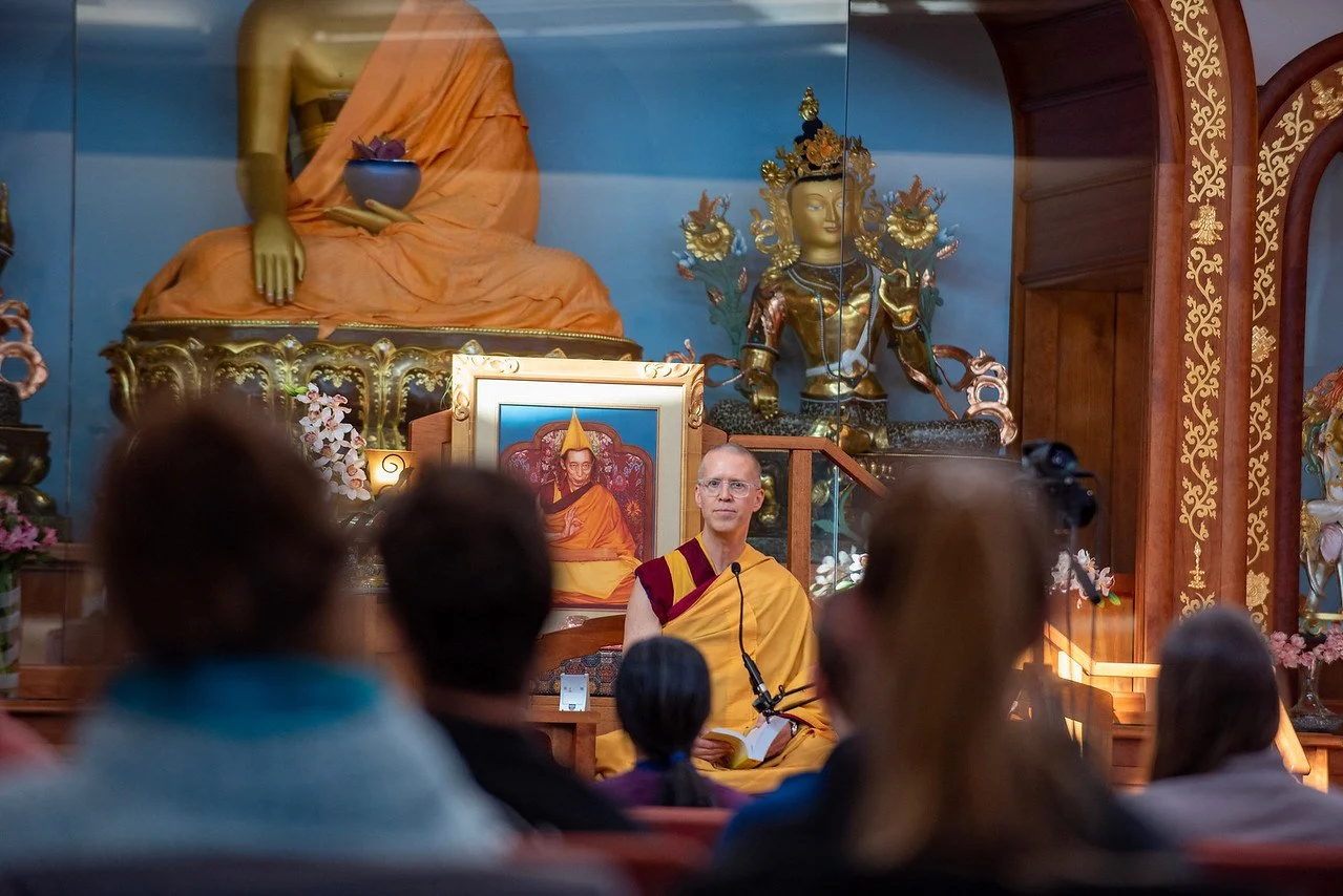 Gen Kelsang Khedrub teaching on the throne at the World Peace Temple