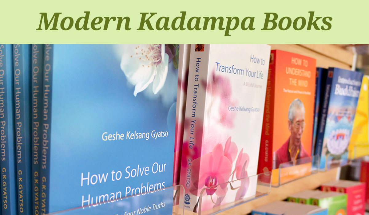 Buddhist books by Geshe Kelsang Gyatso on a bookshelf