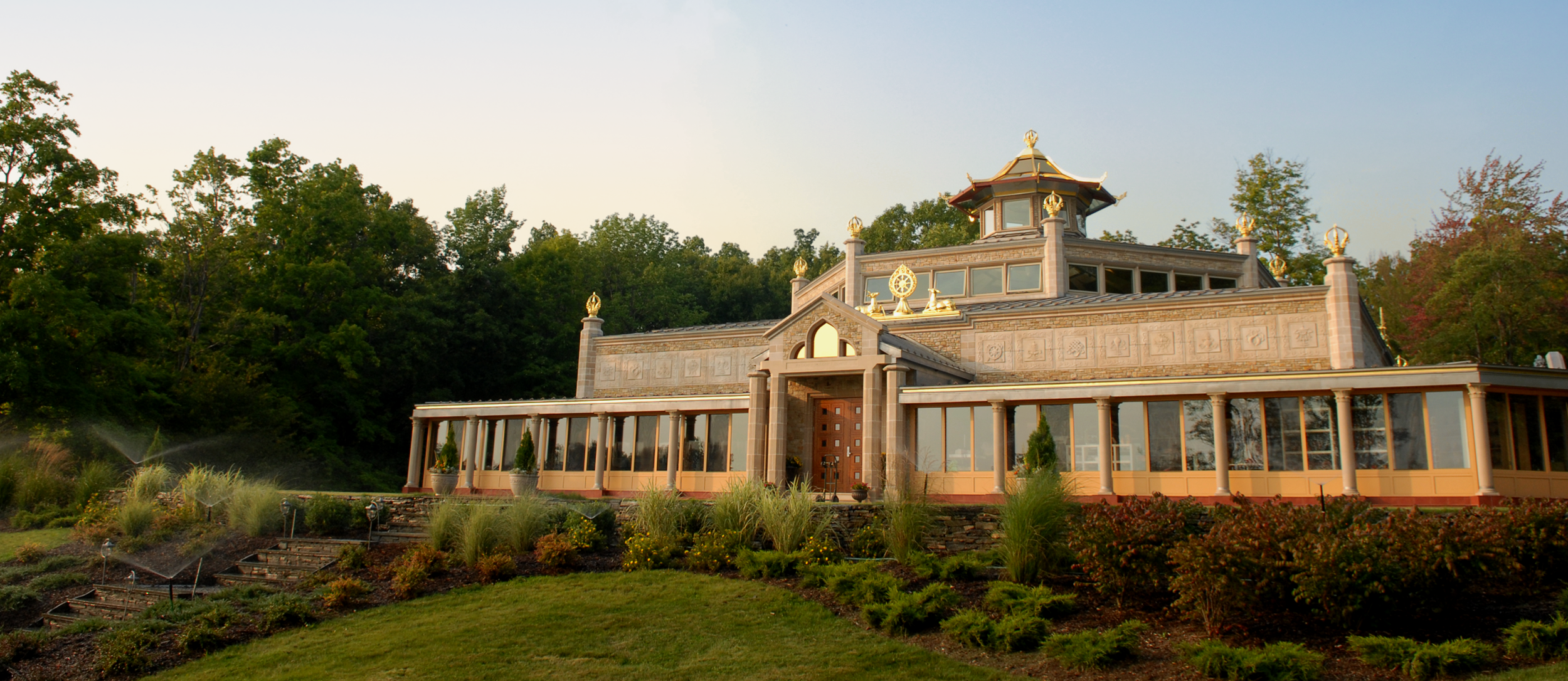 Photo of the outside of the World Peace Temple as the sun is setting