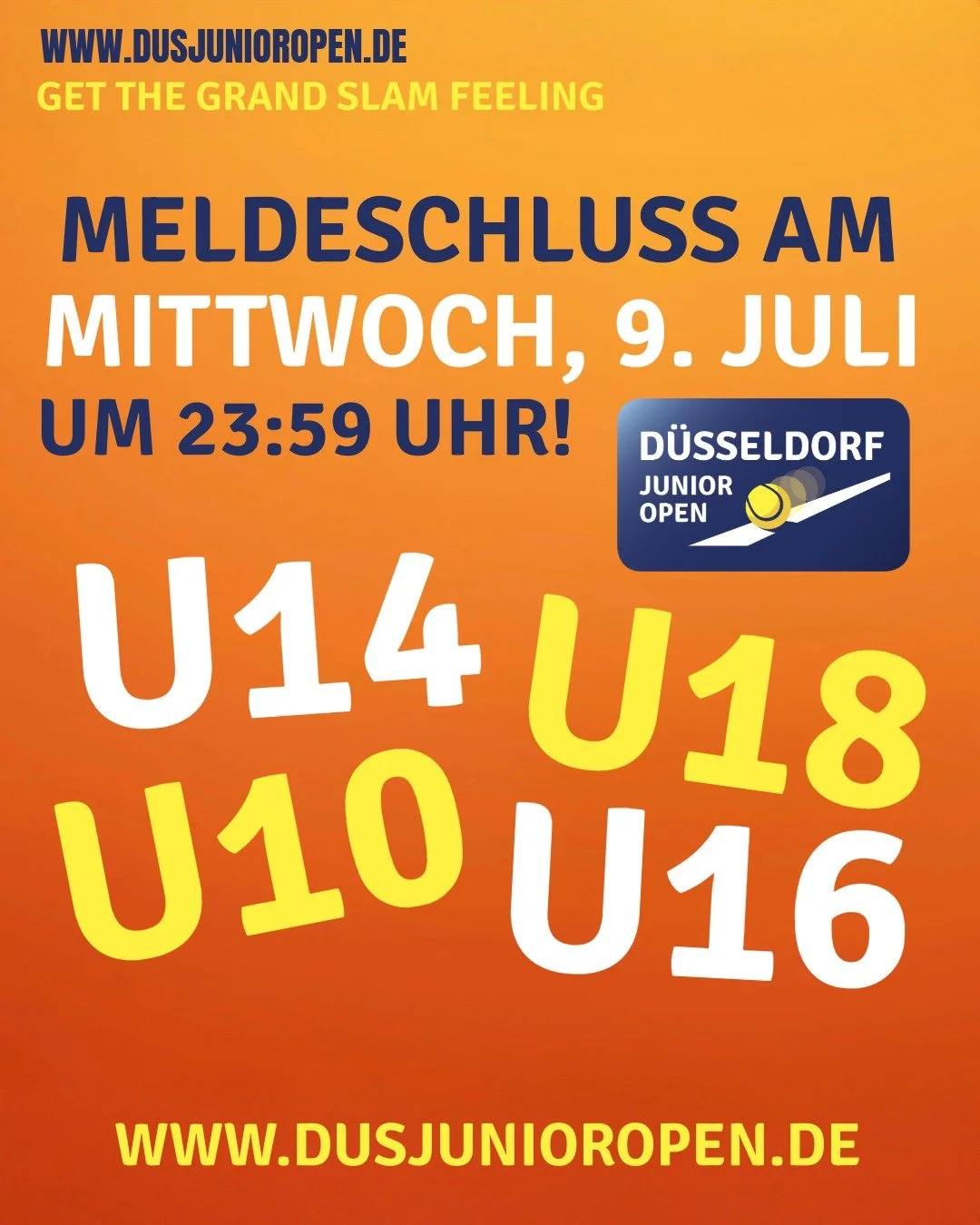🎾 Melde Dich noch schnell an and &quot;get the grand slam feeling&quot; vom 14.-17. Juli f&uuml;r die U10, U14, U16 und U18. 🎾 Es erwartet Dich die Playerslounge mit fresh water wall, Physio, Bespannungsservice, live streaming &uuml;ber alle Tage, 