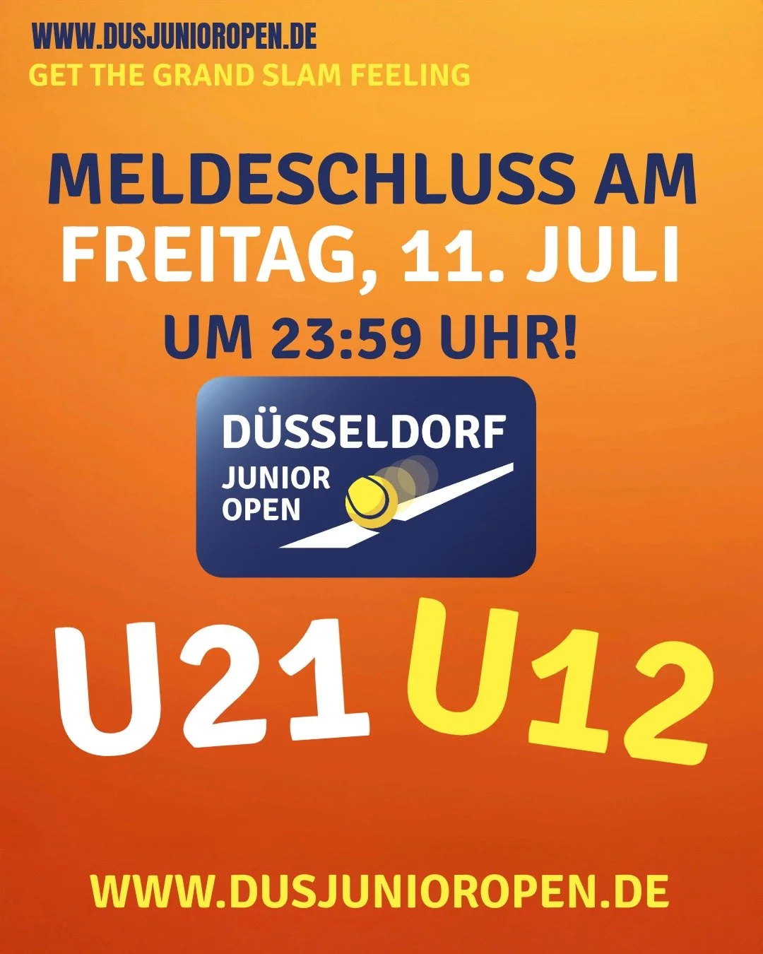 🎾 Melde Dich noch schnell an and &quot;get the grand slam feeling&quot; vom 17.-20. Juli f&uuml;r die U12 und U21. 🎾 Es erwartet Dich die Playerslounge mit fresh water wall, Physio, Bespannungsservice, live streaming &uuml;ber alle Tage, action Pho