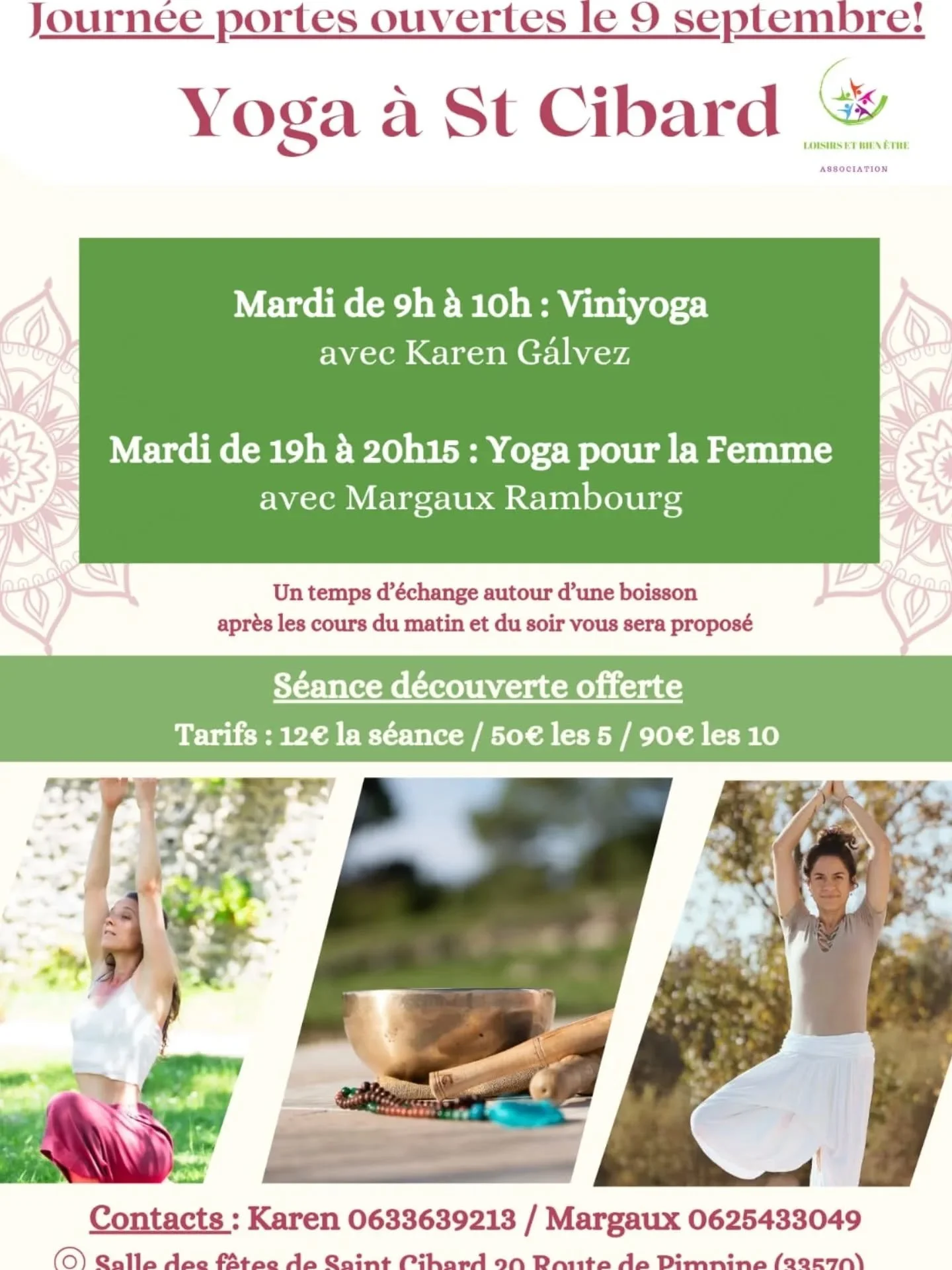 Le souffle de la rentr&eacute;e approche ! 🌀

Avec @yoga_by_karen_galvez on vous invite le 09 septembre &agrave; Saint Cibard (33570) &agrave; venir d&eacute;couvrir nos pratiques 🧘&zwj;♀️ et &agrave; partager un moment autour d'une boisson 🍵

Bie