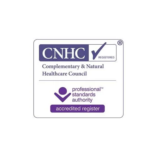 Logo of the Complementary & Natural Healthcare Council with a registered and accredited register badge.
