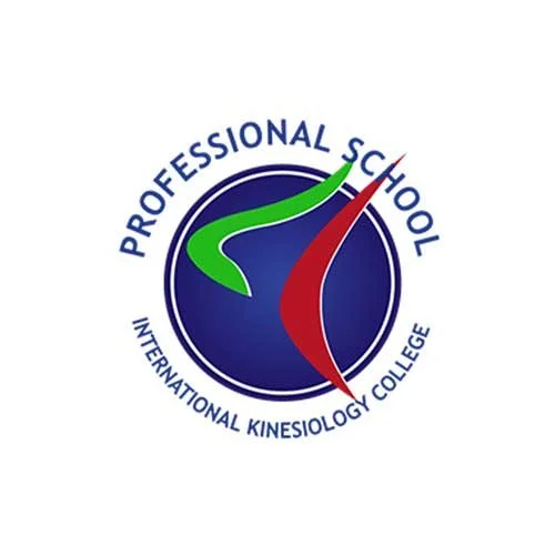 Logo for Professional School International Kinesiology College, featuring a circular design with green and red swoosh lines inside a dark blue circle.