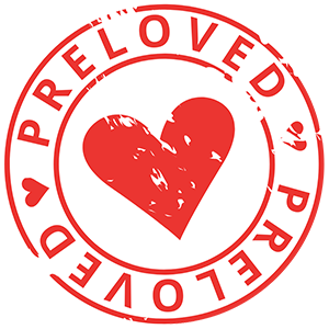 A circular red and white sticker with the words "PRE-LOVED" and "LOVE" and a picture of a person holding a heart in the center.