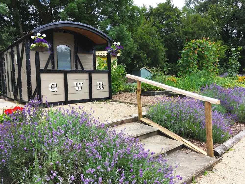 A small garden shed with the letters GW R on the front, surrounded by purple and yellow flowers and green plants, with a wooden ramp and stairs leading to the entrance.