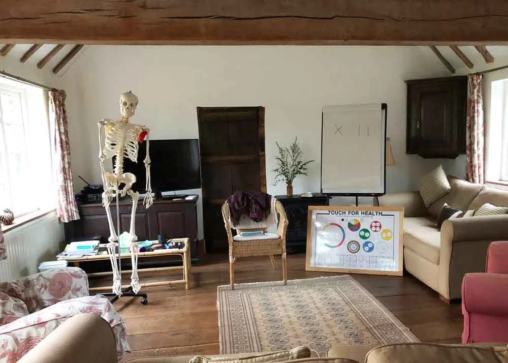 A living room with wooden flooring and a sloped ceiling. Contains a skeleton model, a TV on a wooden stand, a whiteboard with X and X I symbols, a small table, a wicker chair with a coat, a framed diagram titled 'Touch for Health,' a beige sofa with 