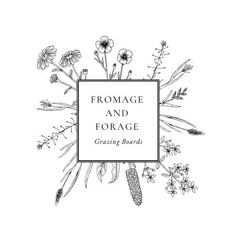 A black-and-white illustration of various herbs and flowers surrounding a central square with the text 'Fromage and Forage Grazing Boards'.