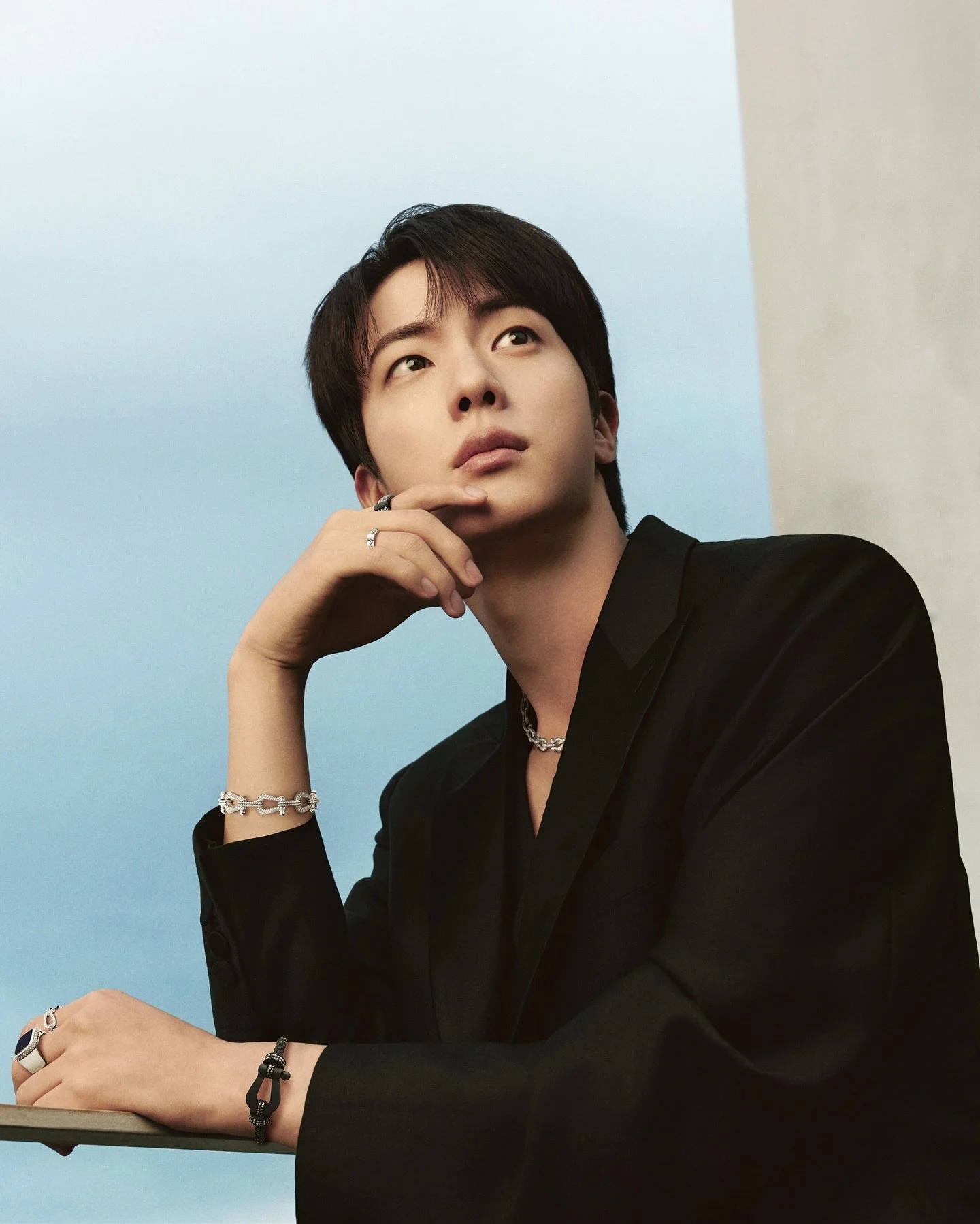 BTS’s Jin stuns in @fredjewelry signature designs from the Force 10 Collection. 
On Jin are the FRED Force 10 rings, necklaces and bracelets in white gold and diamonds, and rings from the Force 10 Winch collection. The layers of detail do not