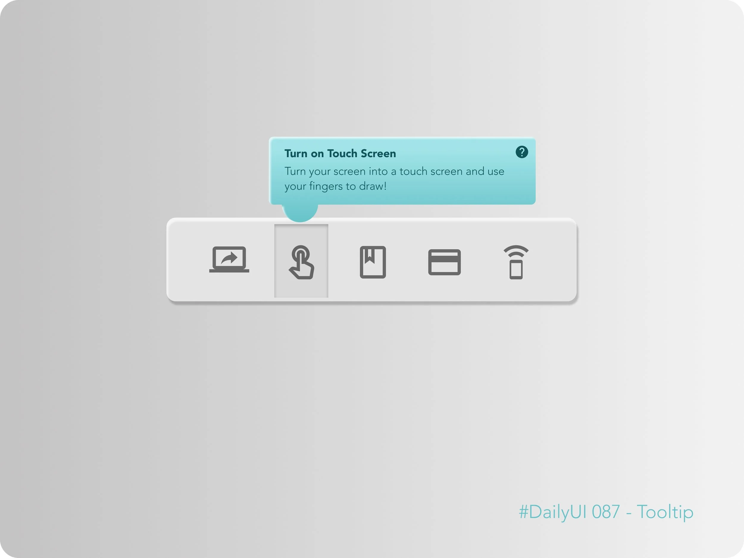 Screenshot of a digital interface with a tooltip that says 'Turn on Touch Screen' and instructions to use fingers to draw, with five icons below, including a laptop, a finger, a bookmark, a card, and a phone.
