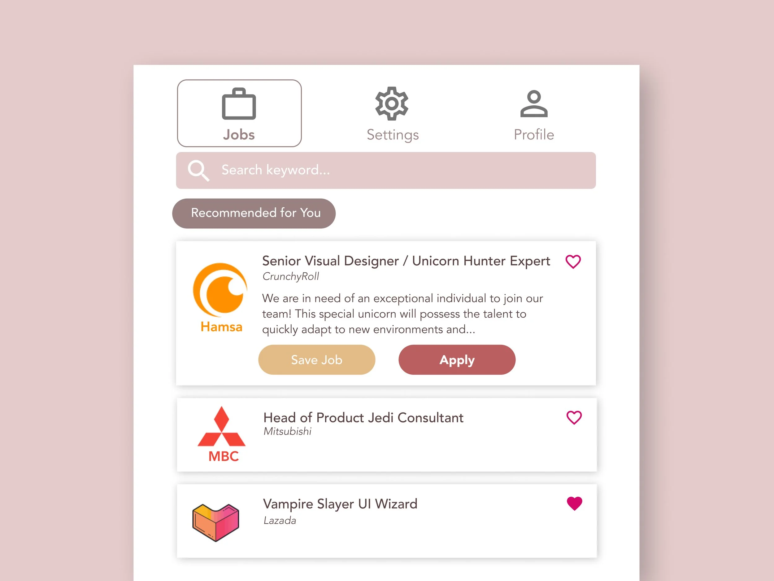 Screenshot of a mobile app interface showing job listings with icons for Jobs, Settings, and Profile at the top, search bar, and suggested jobs including a Senior Visual Designer with an orange logo, a Head of Product Jedi Consultant with a red logo,