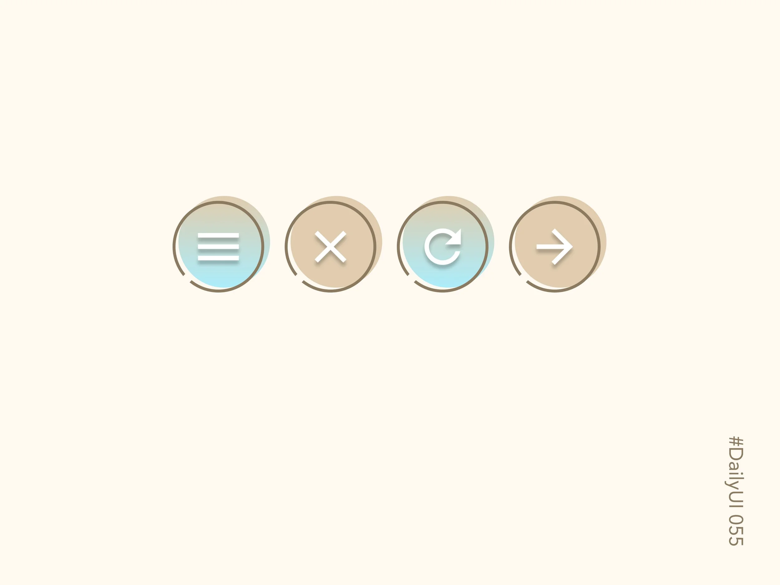 Screenshot of four circular buttons with icons, including a menu icon, a cancel icon, a refresh icon, and a forward arrow, on a light background.