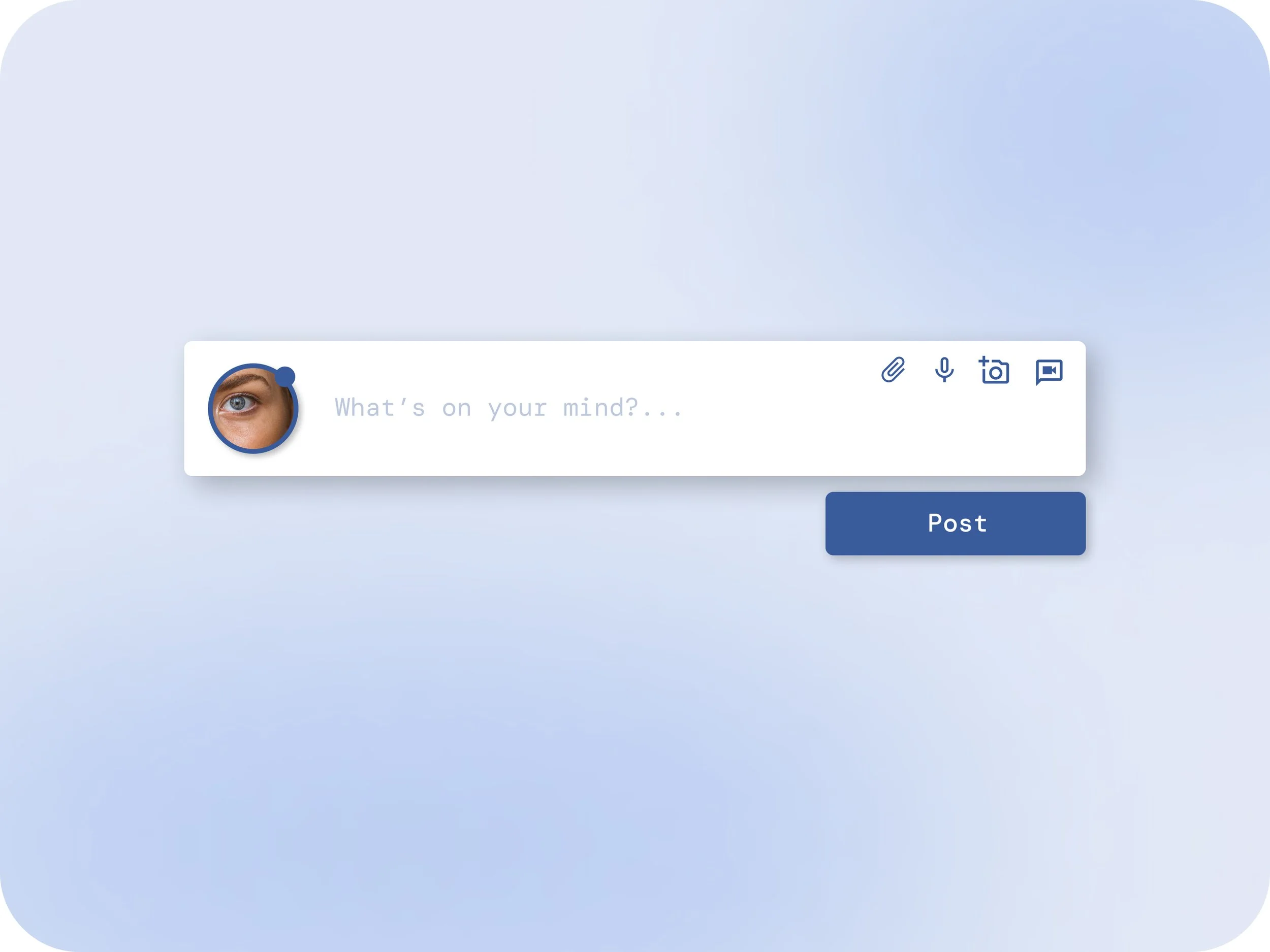 A social media post creation interface with a profile picture of a blue eye, text prompt 'What's on your mind?', icons for attaching files, microphone, camera, and image, and a blue 'Post' button.