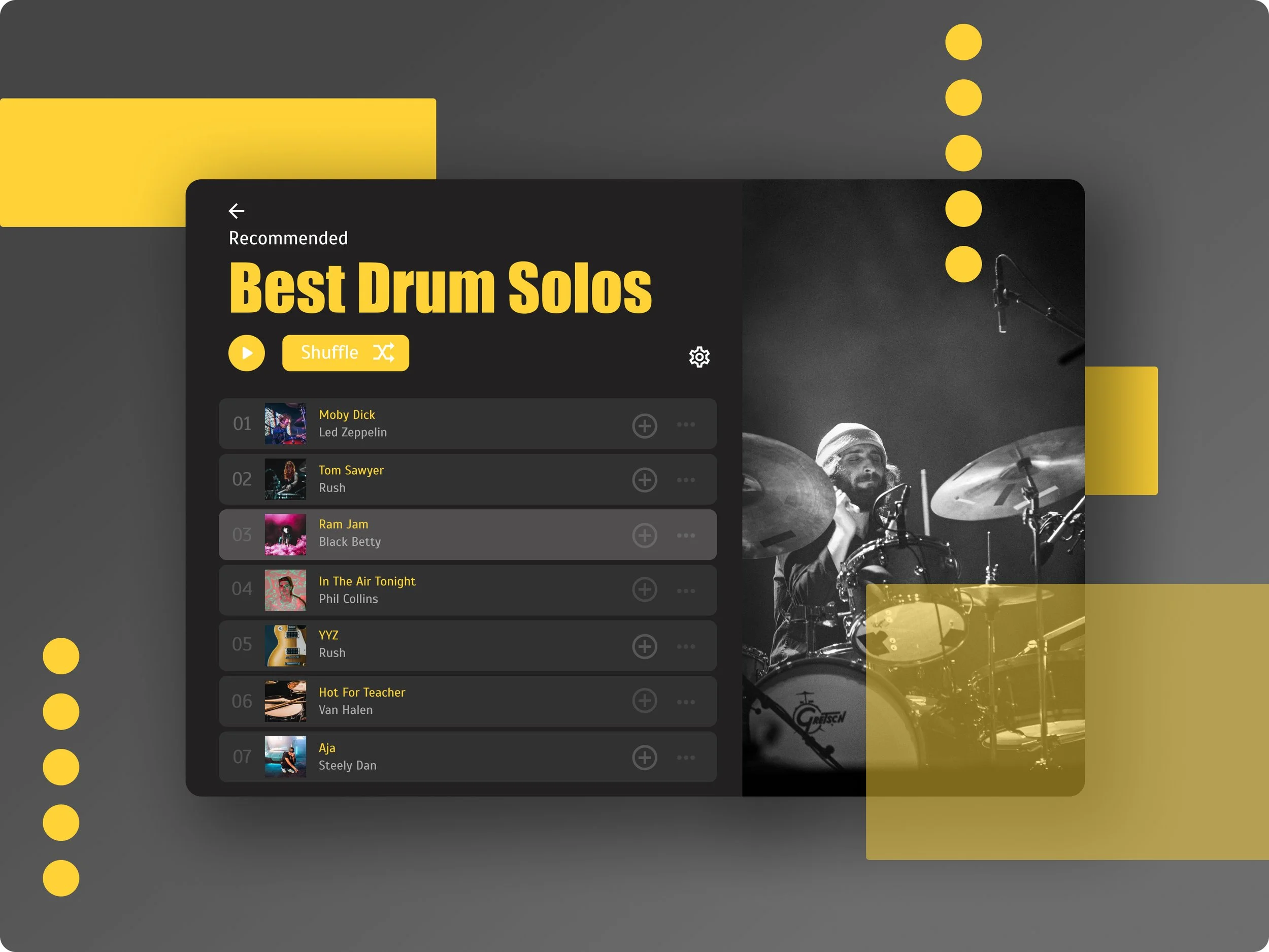Music playlist titled "Best Drum Solos" featuring songs by Led Zeppelin, Rush, Black Betty, Phil Collins, Van Halen, and Steely Dan, with a black and yellow color scheme, and a background image of a drummer playing drums.