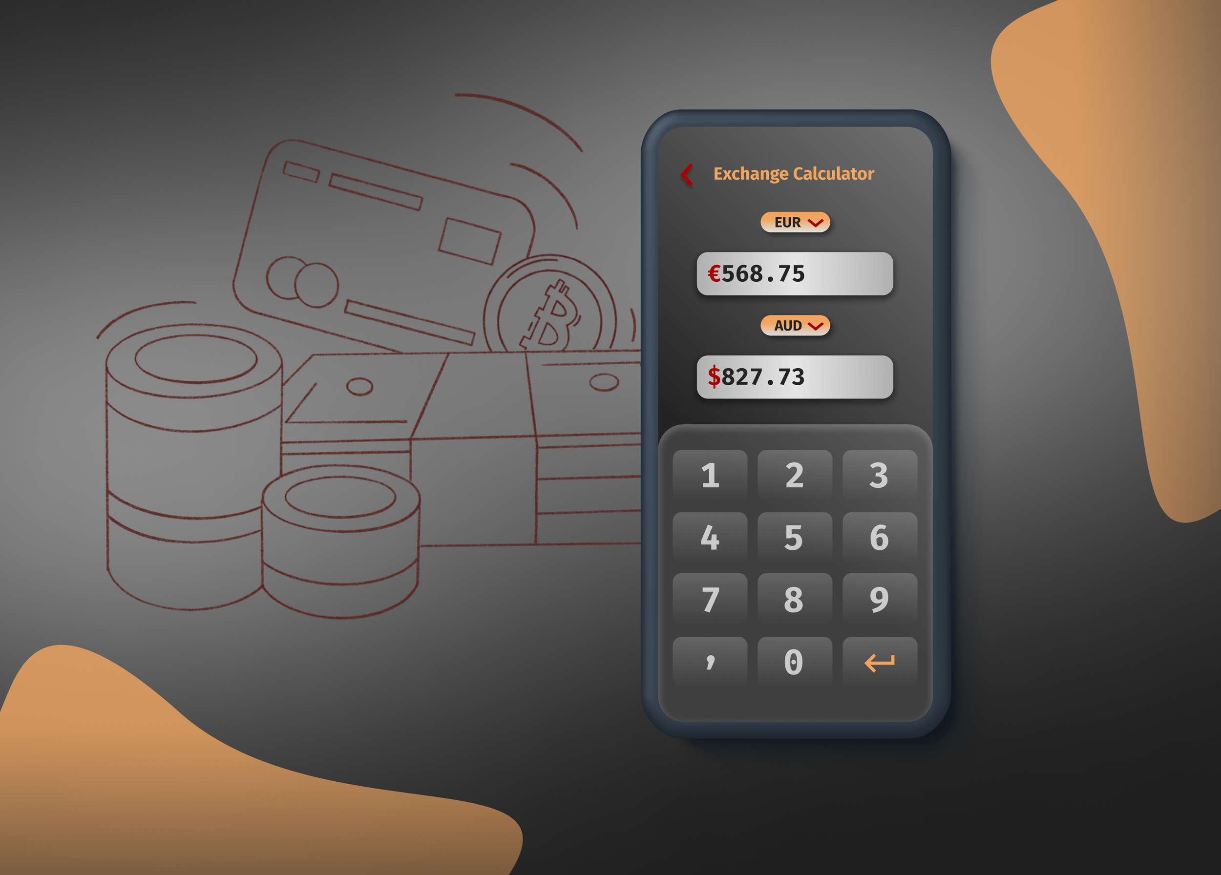 A smartphone displaying a currency exchange calculator with values for euros and Australian dollars, on a dark background with line art of coins, credit cards, and a bitcoin symbol.