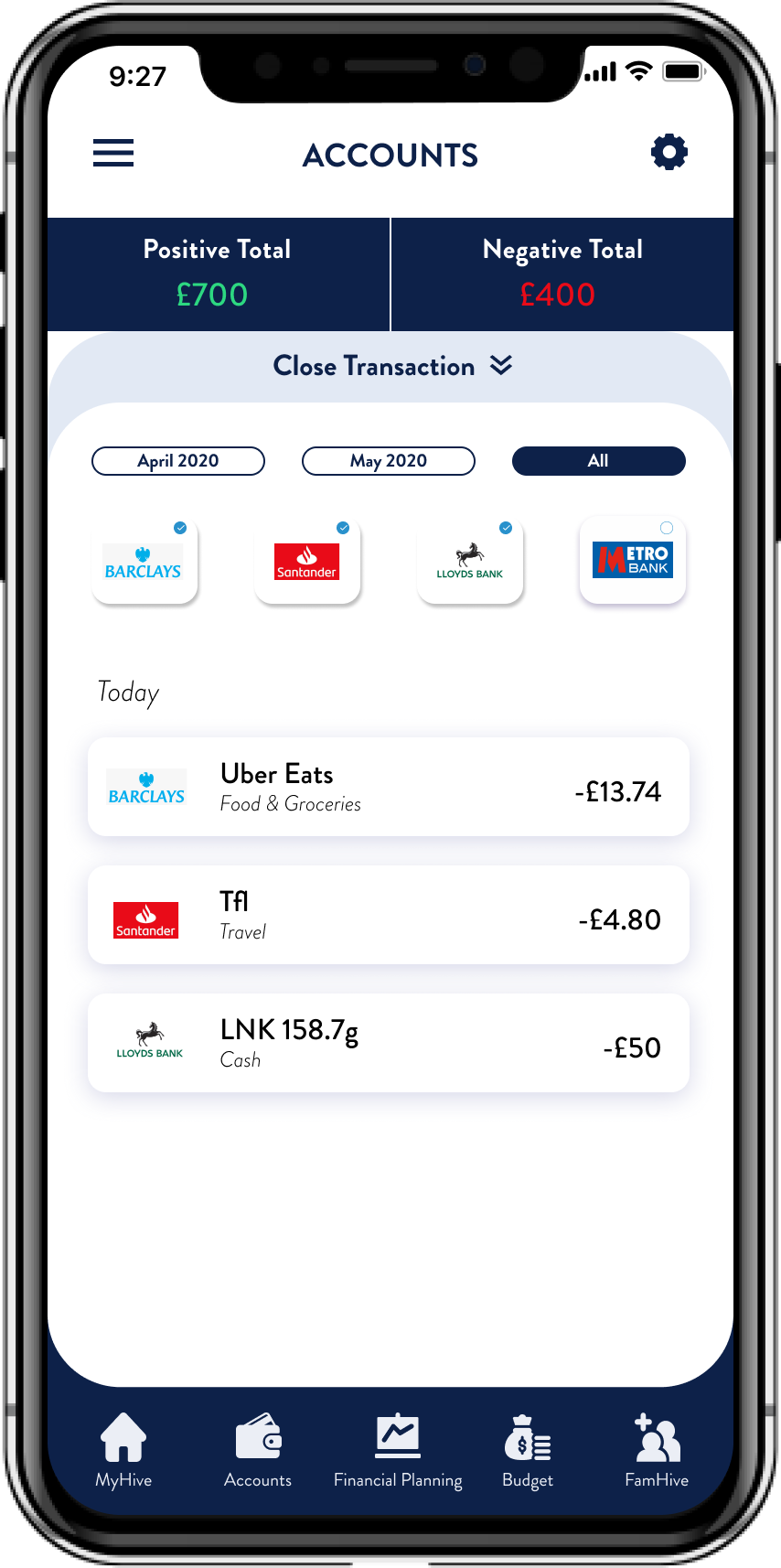 Final Prototype screen of accounts screen