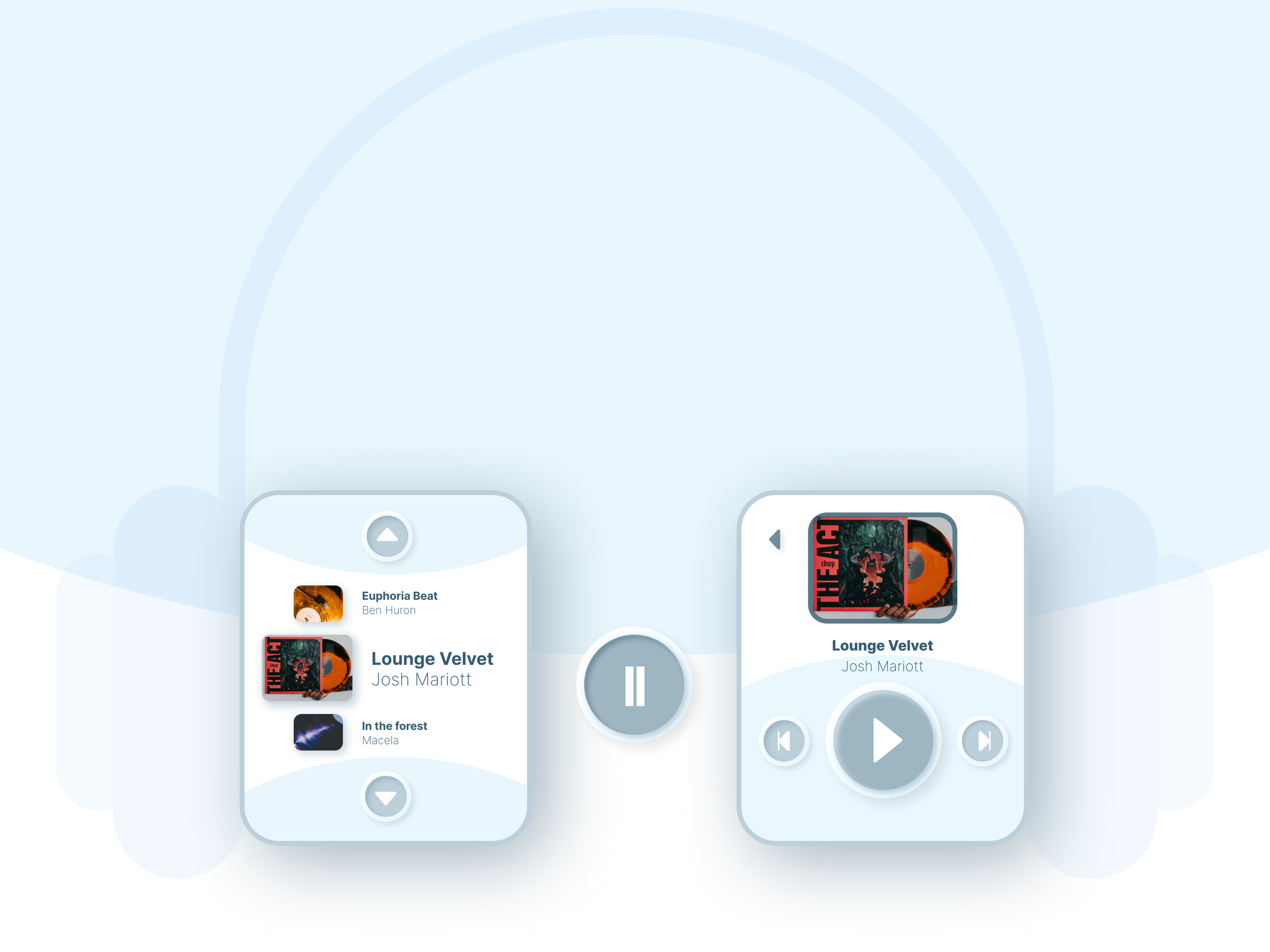 Illustration of a music sharing app interface showing two devices with music playlists and controls, including a pause button and song details.