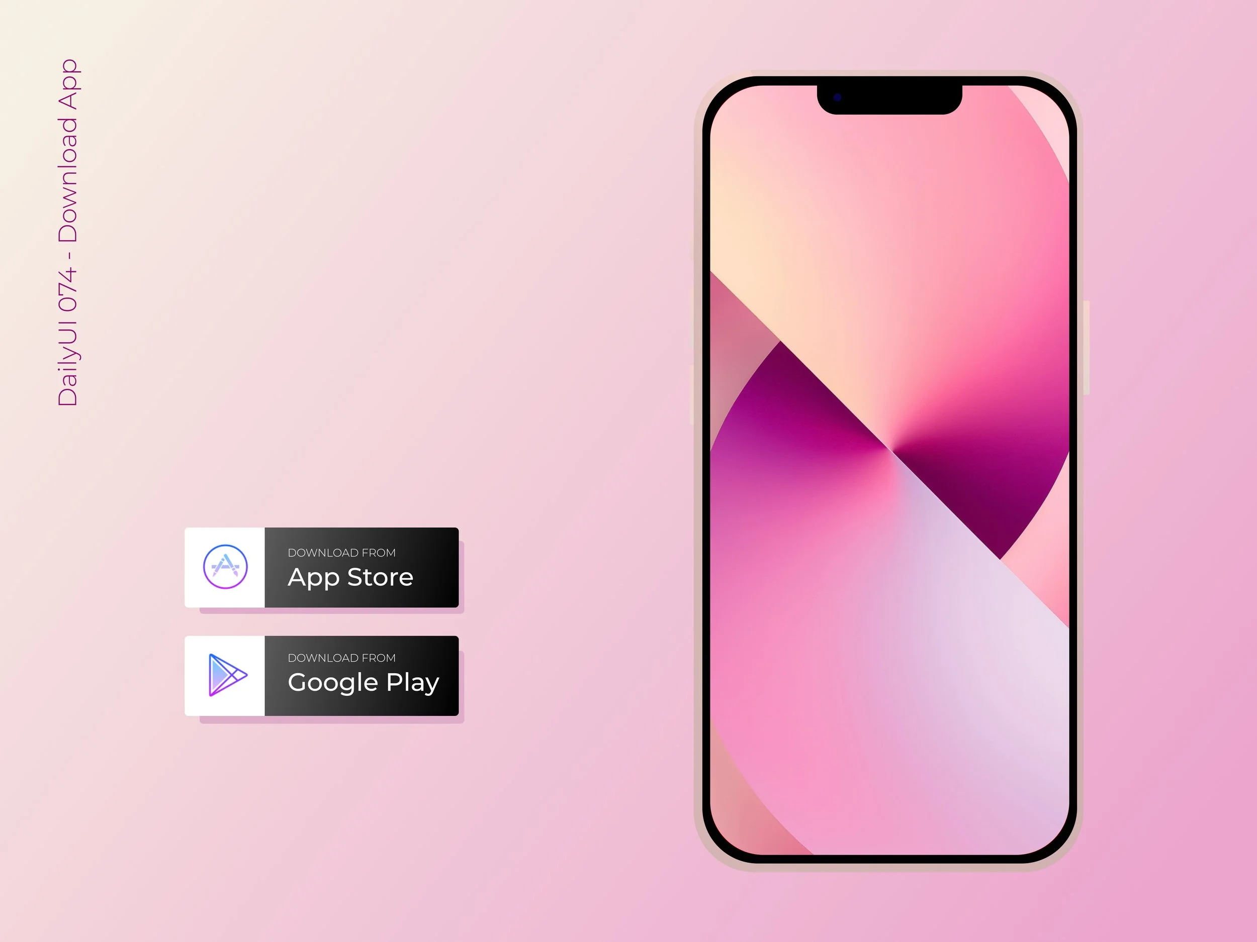 A promotional graphic for an app, showing a smartphone with a colorful abstract wallpaper, and download buttons for the App Store and Google Play on a pink background.