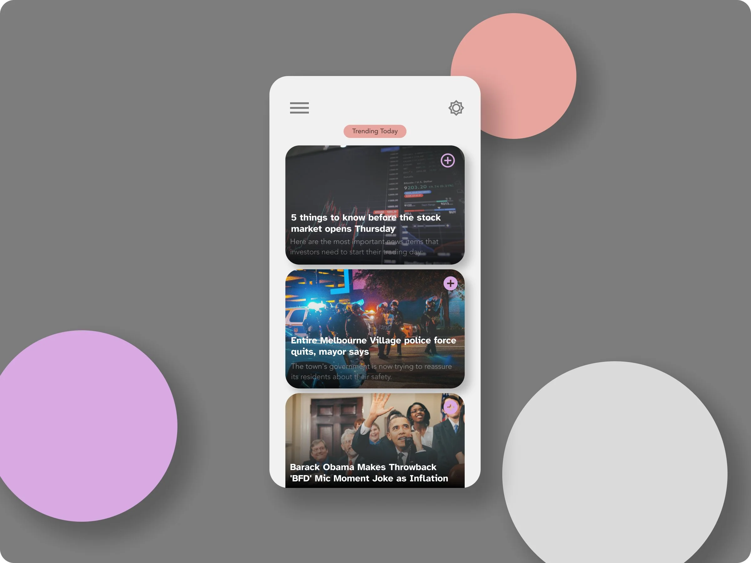 A mobile phone displaying a news app with three news headlines about stock market, police force, and a political figure, set against a gray background with colorful circles.