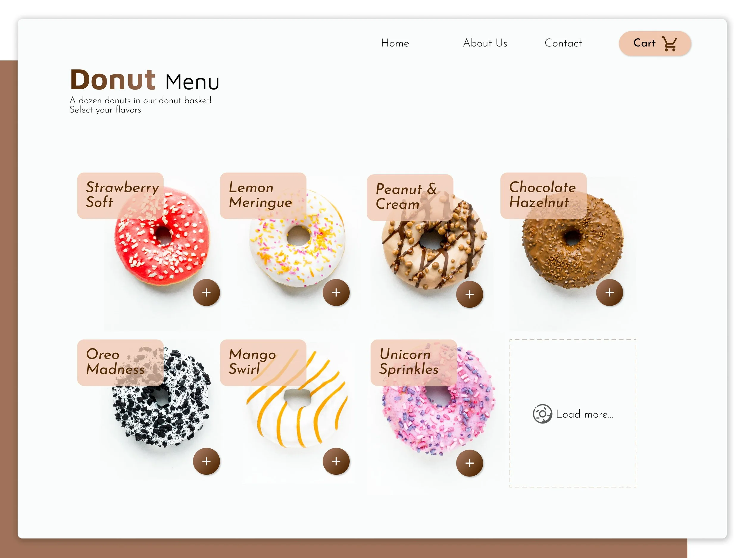 Online donut menu featuring flavors: Strawberry Soft, Lemon Meringue, Peanut & Cream, Chocolate Hazelnut, Oreo Madness, Mango Swirl, and Unicorn Sprinkles, each displayed as decorated donuts with labels.